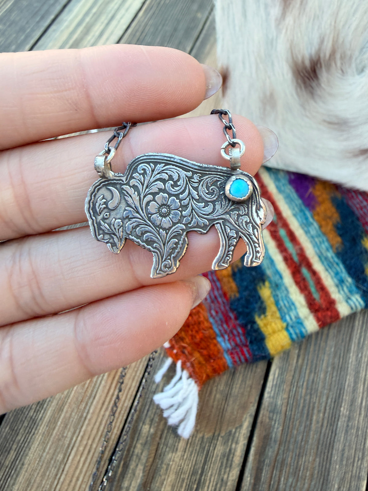 Handmade Sterling Silver & Turquoise Buffalo Necklace