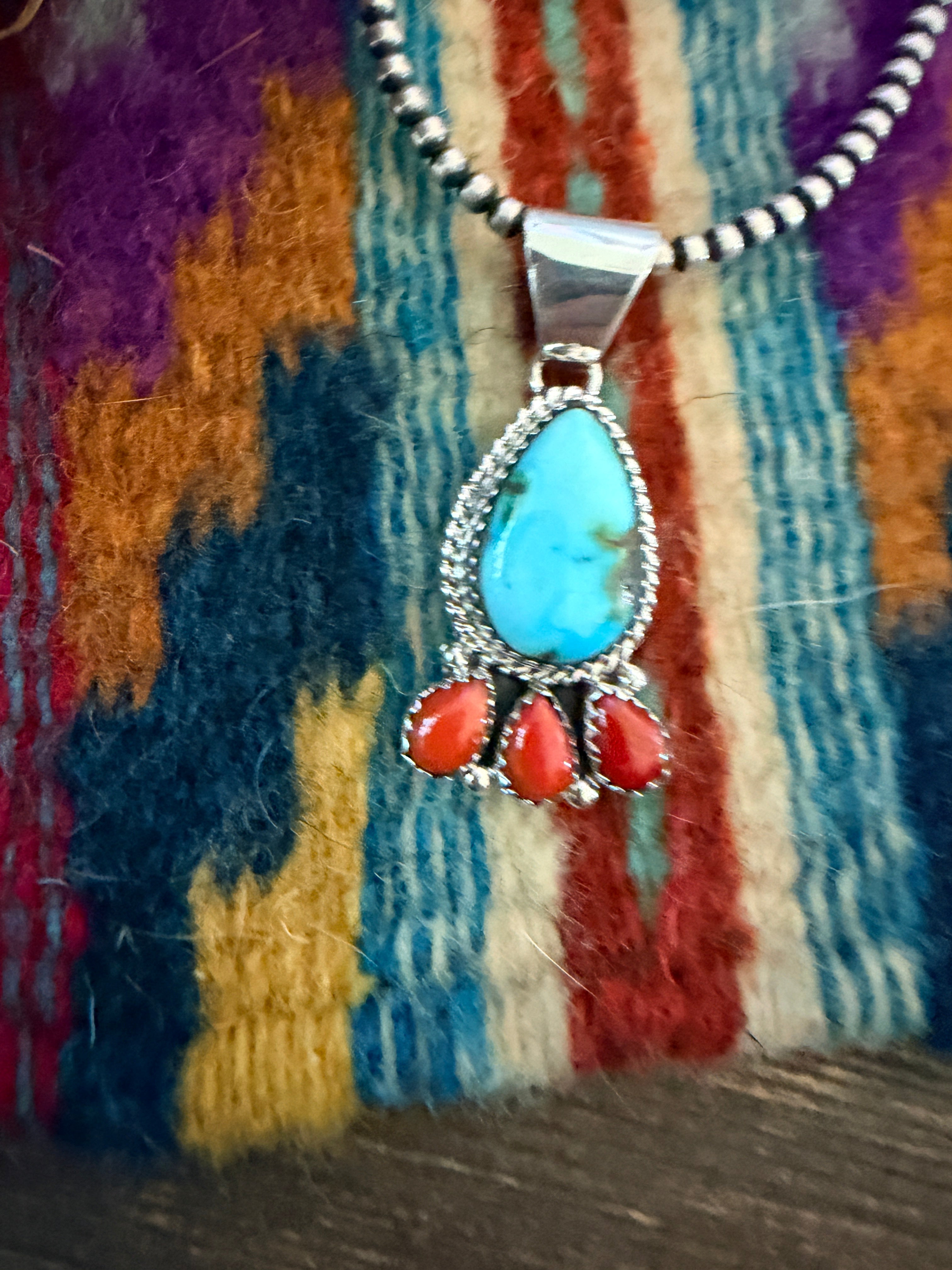 Handcrafted Turquoise, Coral and Sterling Silver Cluster Pendant by Julia Etsitty