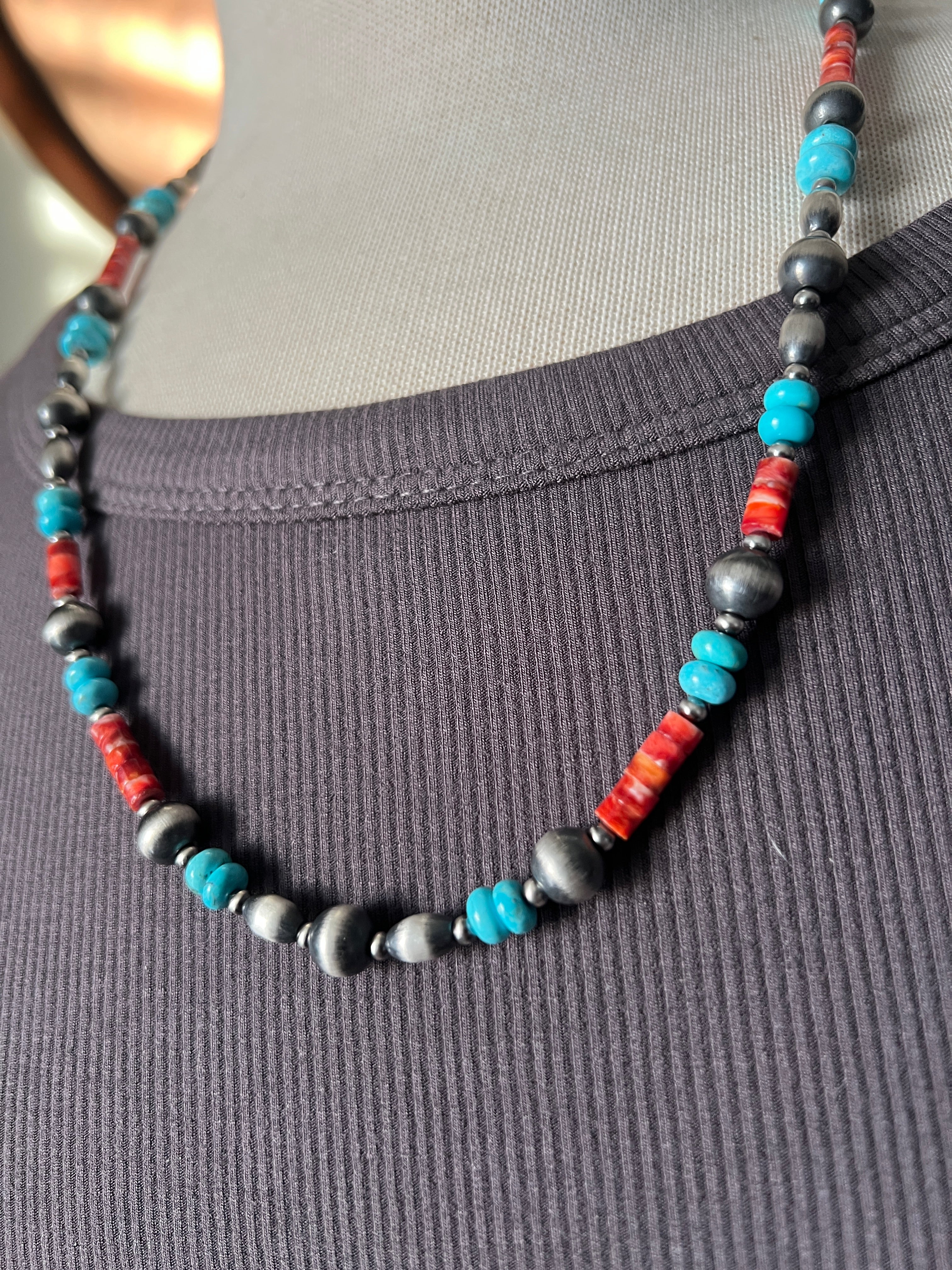 Bohemian Bliss Beaded Layering Necklace with Sterling Silver, Spiny Oyster Shell and Turquoise, 24” + 1.5”