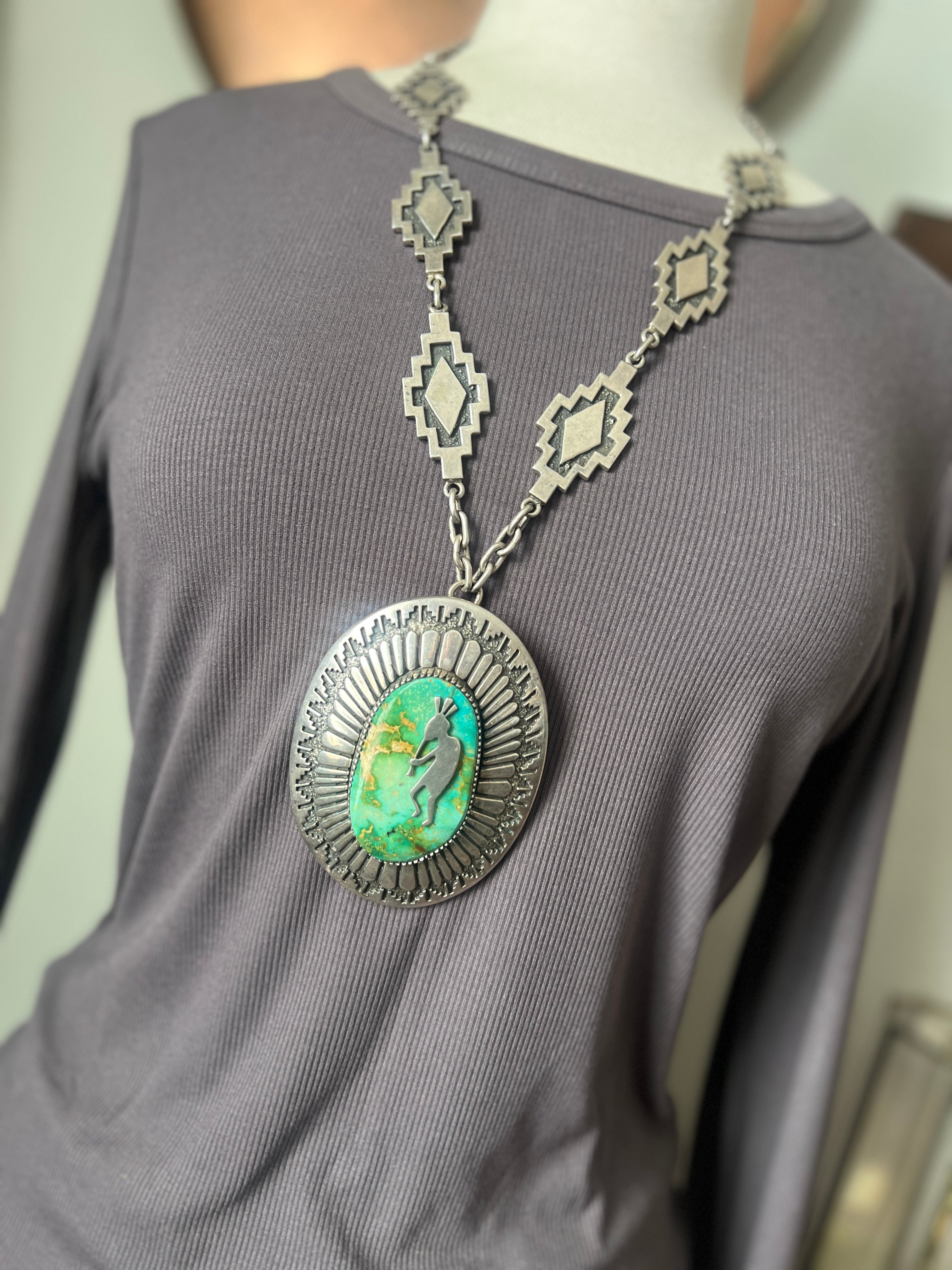 Vintage Handcrafted Sterling Silver and Royston Turquoise Kokopelli Necklace by Tommy Jackson