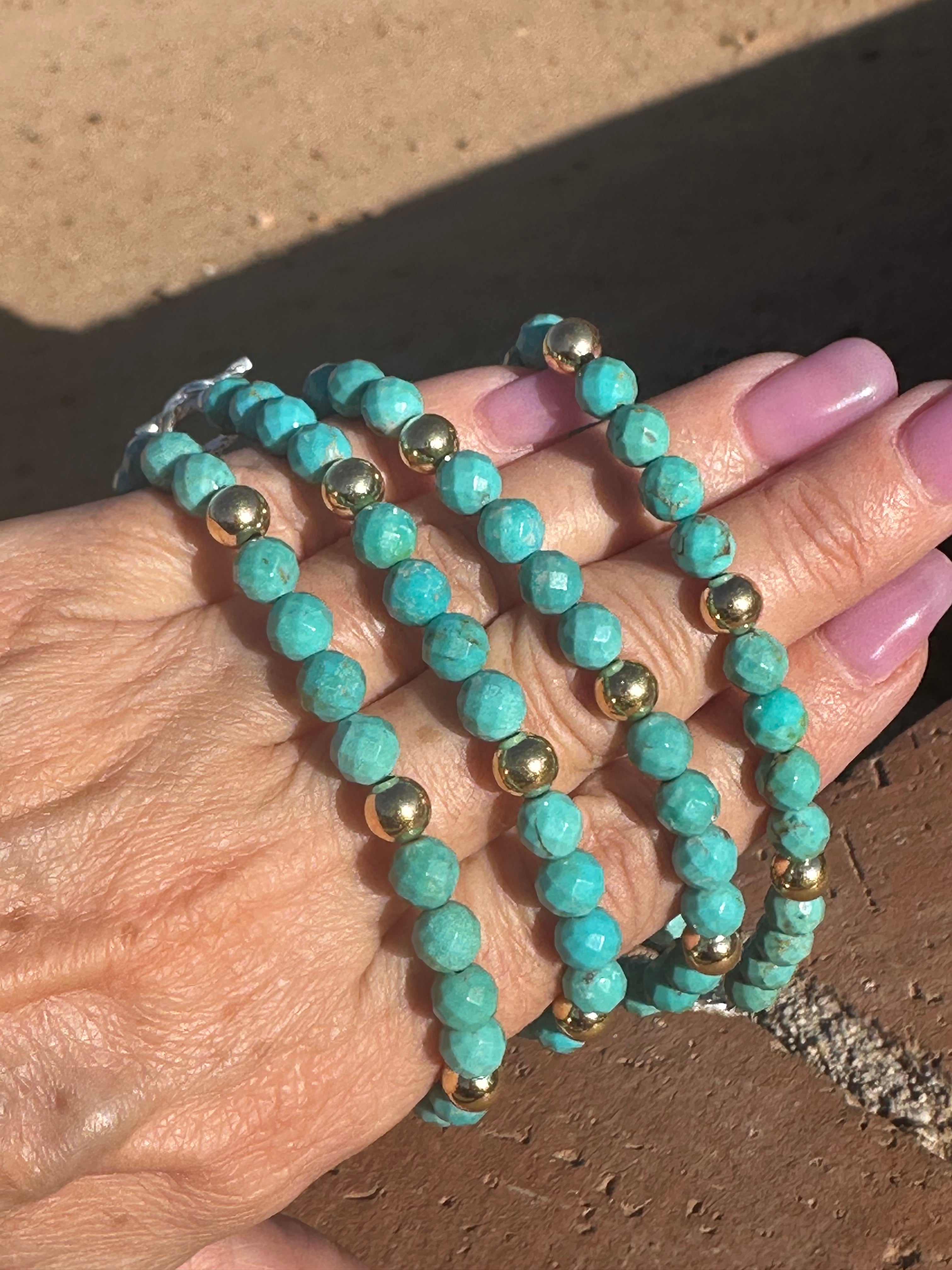 Handcrafted Sterling Silver with 14kt Gold Overlay Kingman Turquoise Beaded Bracelet