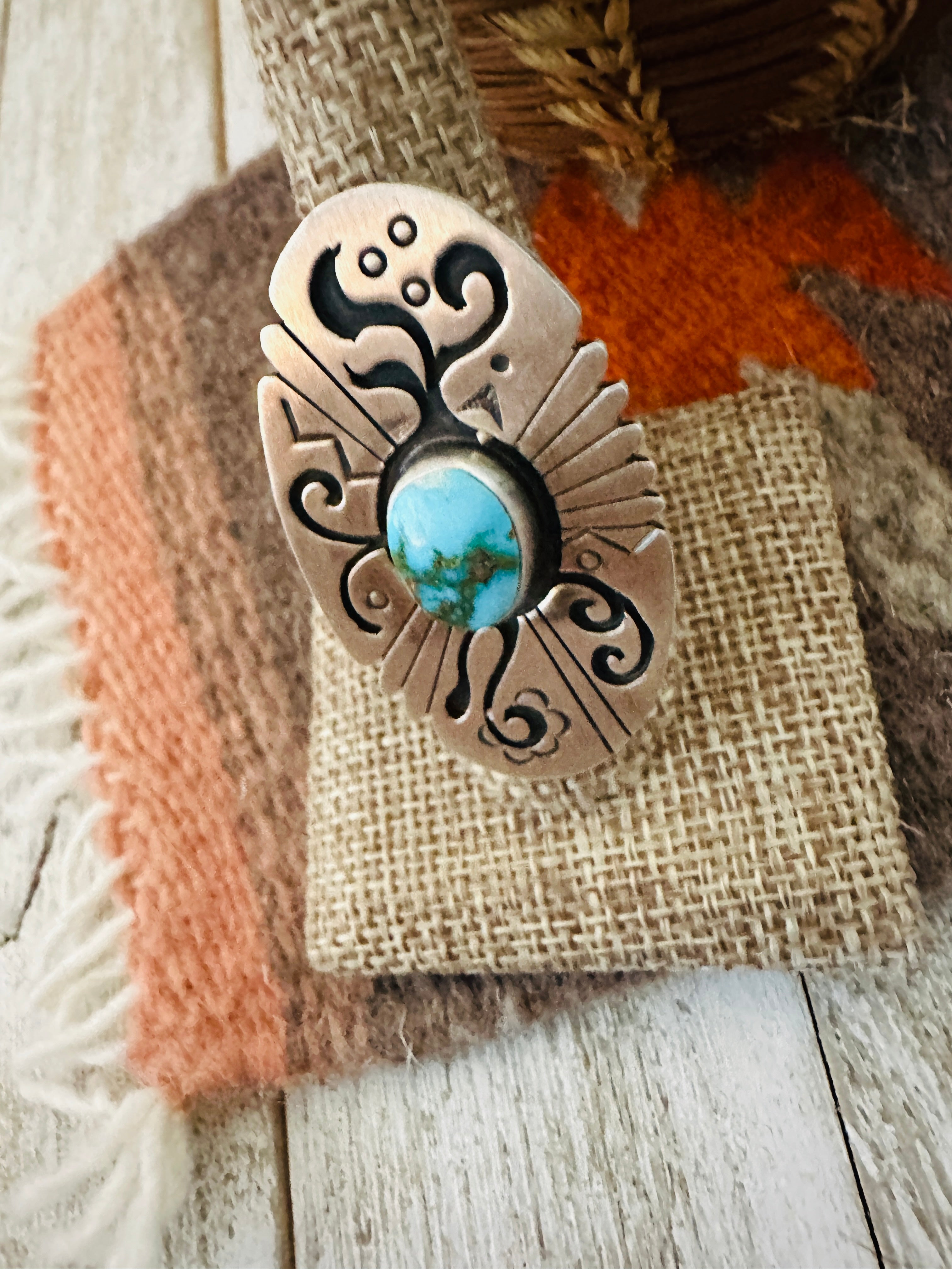 Handcrafted & Hand Stamped Sterling Silver & Sonoran Mountain Turquoise Ring Size 9