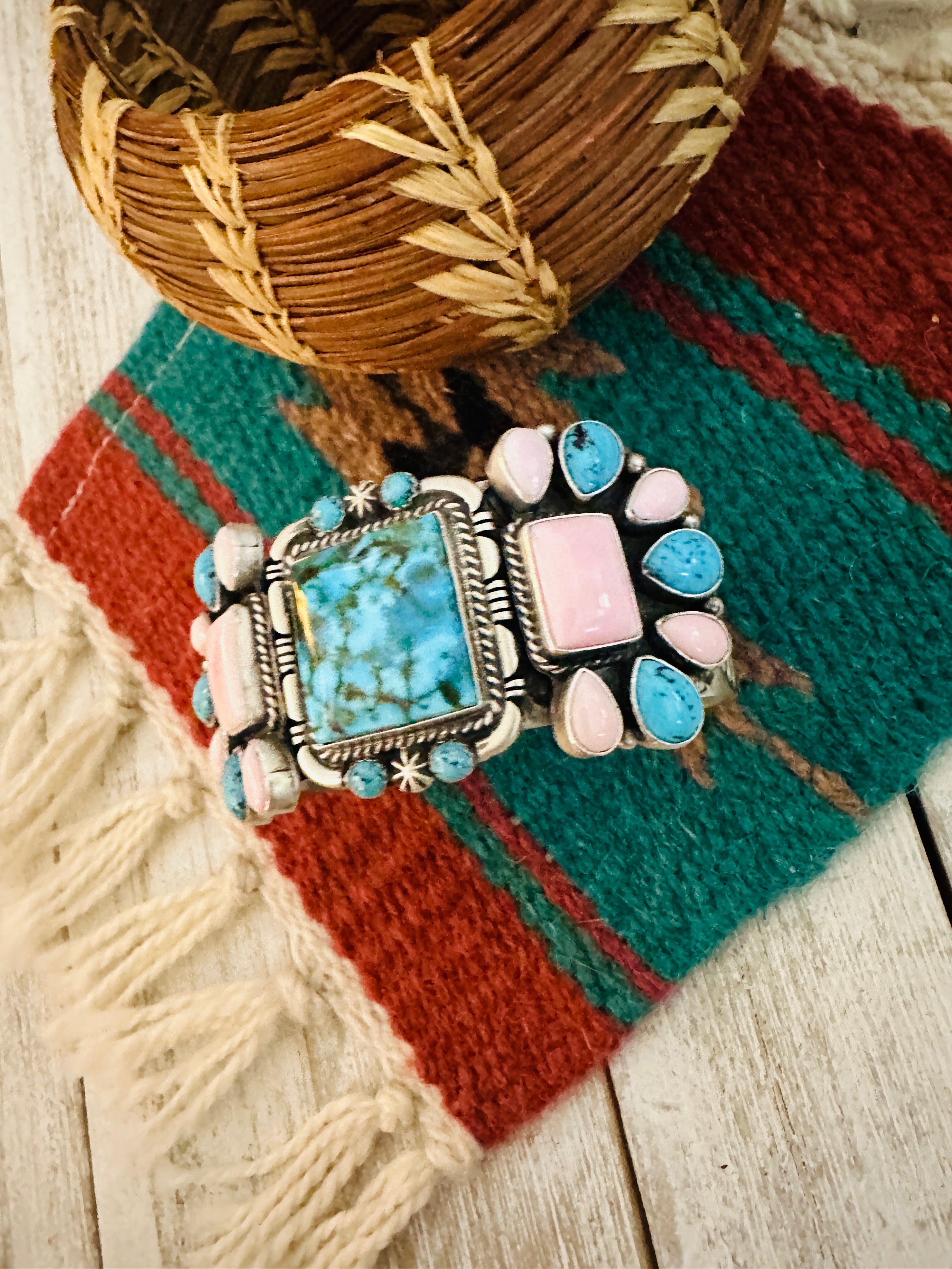 Handcrafted Sterling Silver, Turquoise & Queen Pink Conch Cuff Bracelet