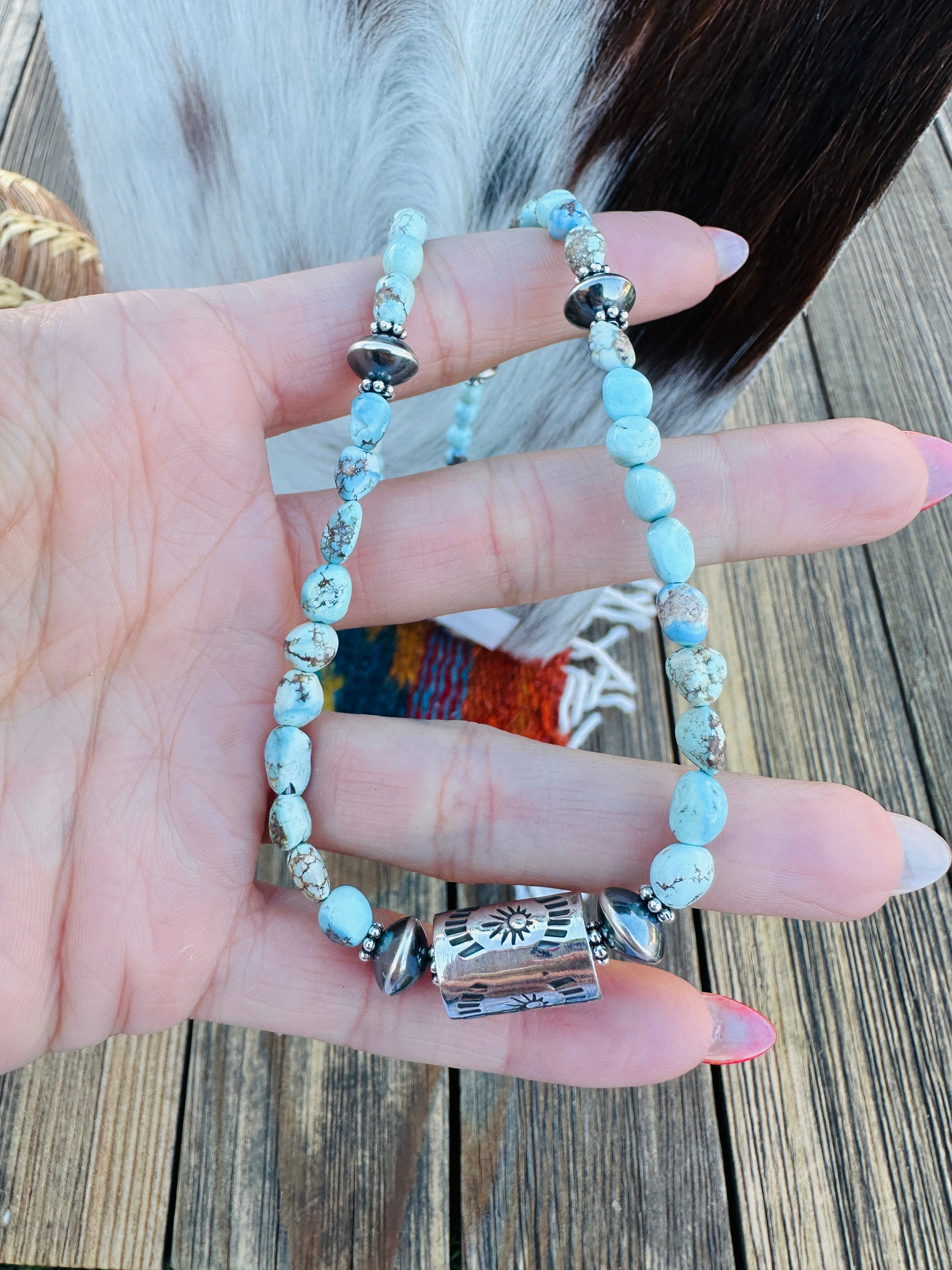 Handcrafted Golden Hills Turquoise & Sterling Silver 16” Beaded Necklace