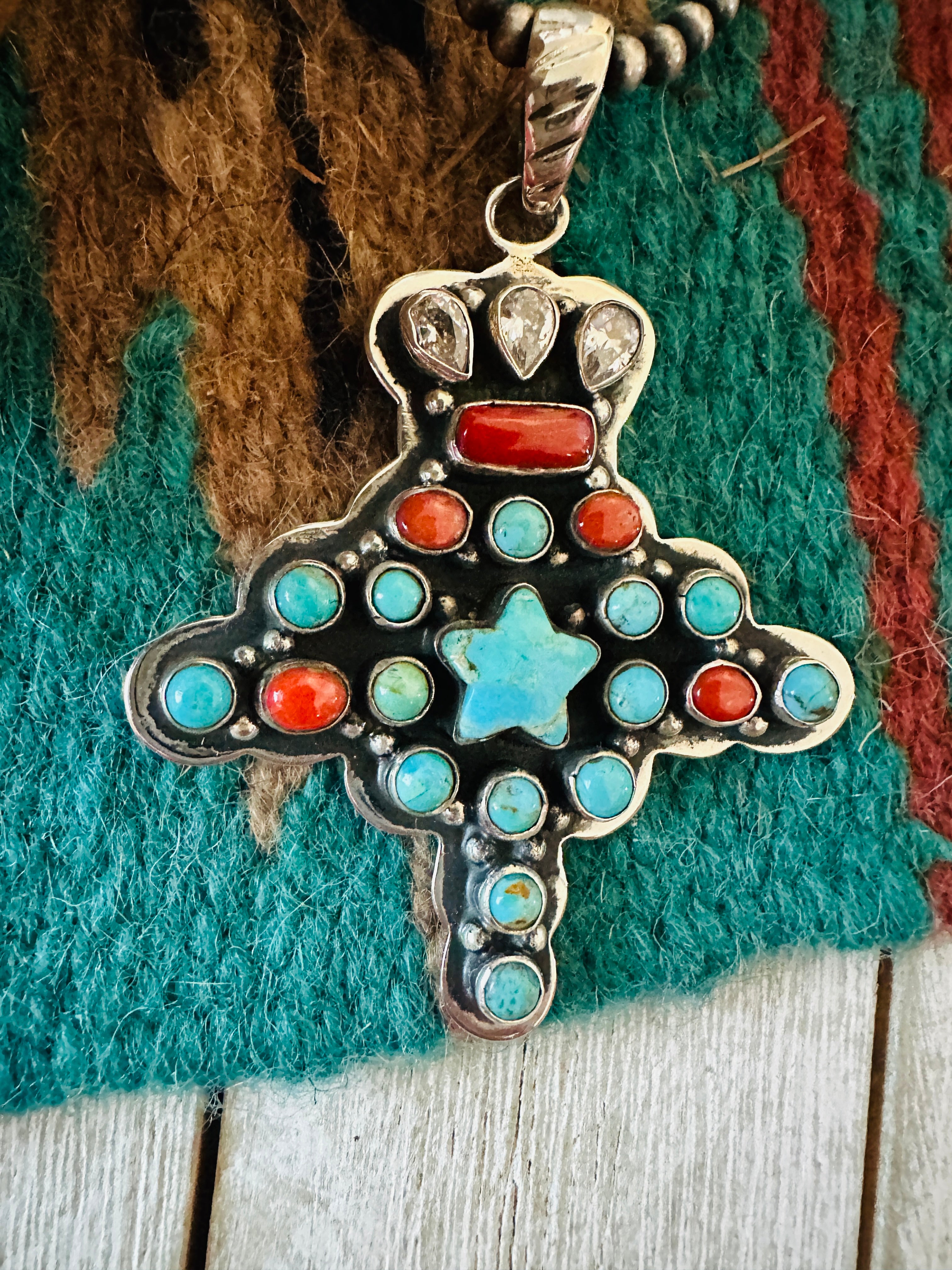 ** Christmas Collection ** Handmade Sterling Silver, Turquoise, Coral & CZ Pendant Signed Nizhoni