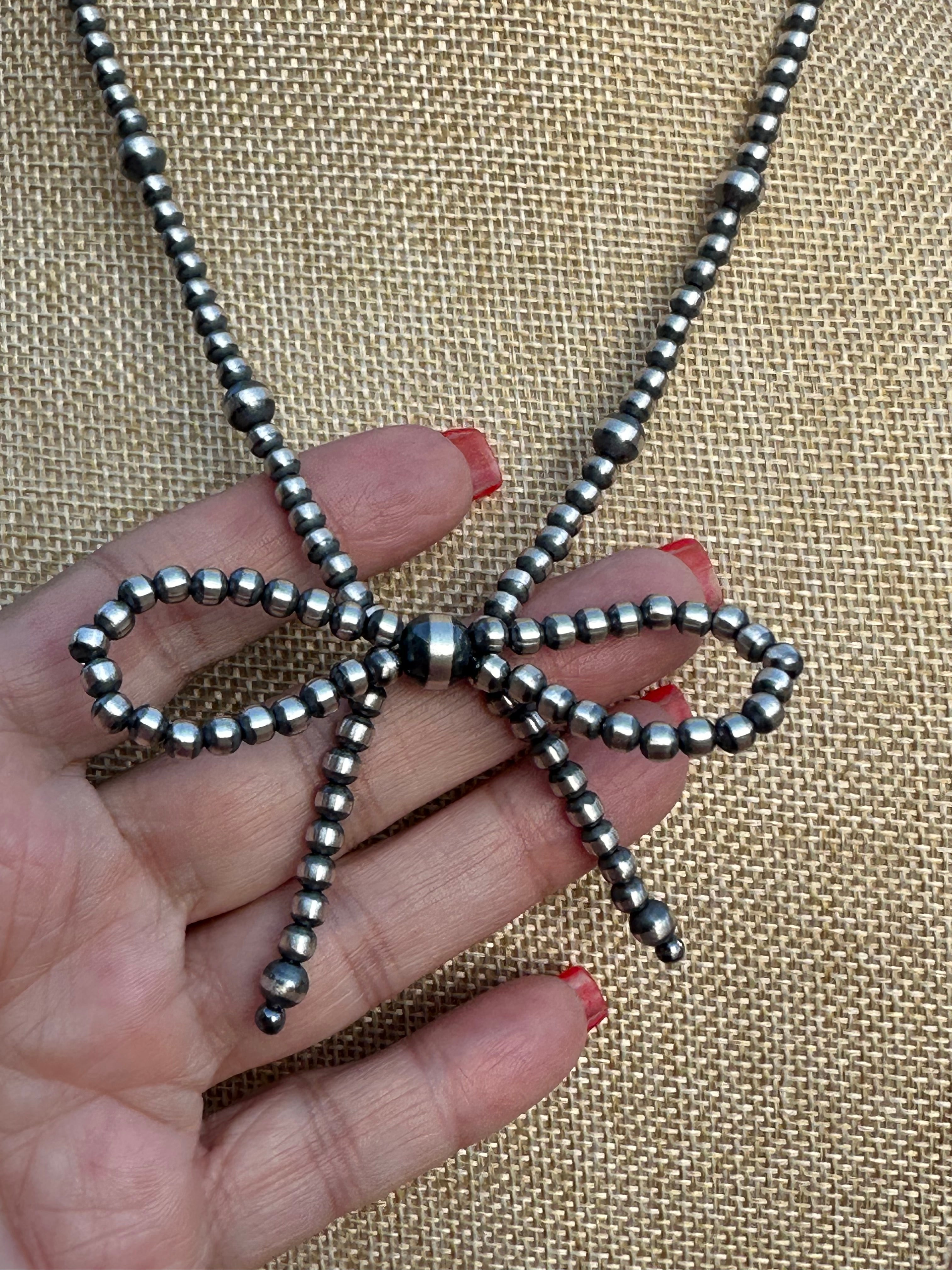 Handcrafted Sterling Silver Pearl Beaded Bow Tie 4-8mm Beaded Necklace 16 inches long