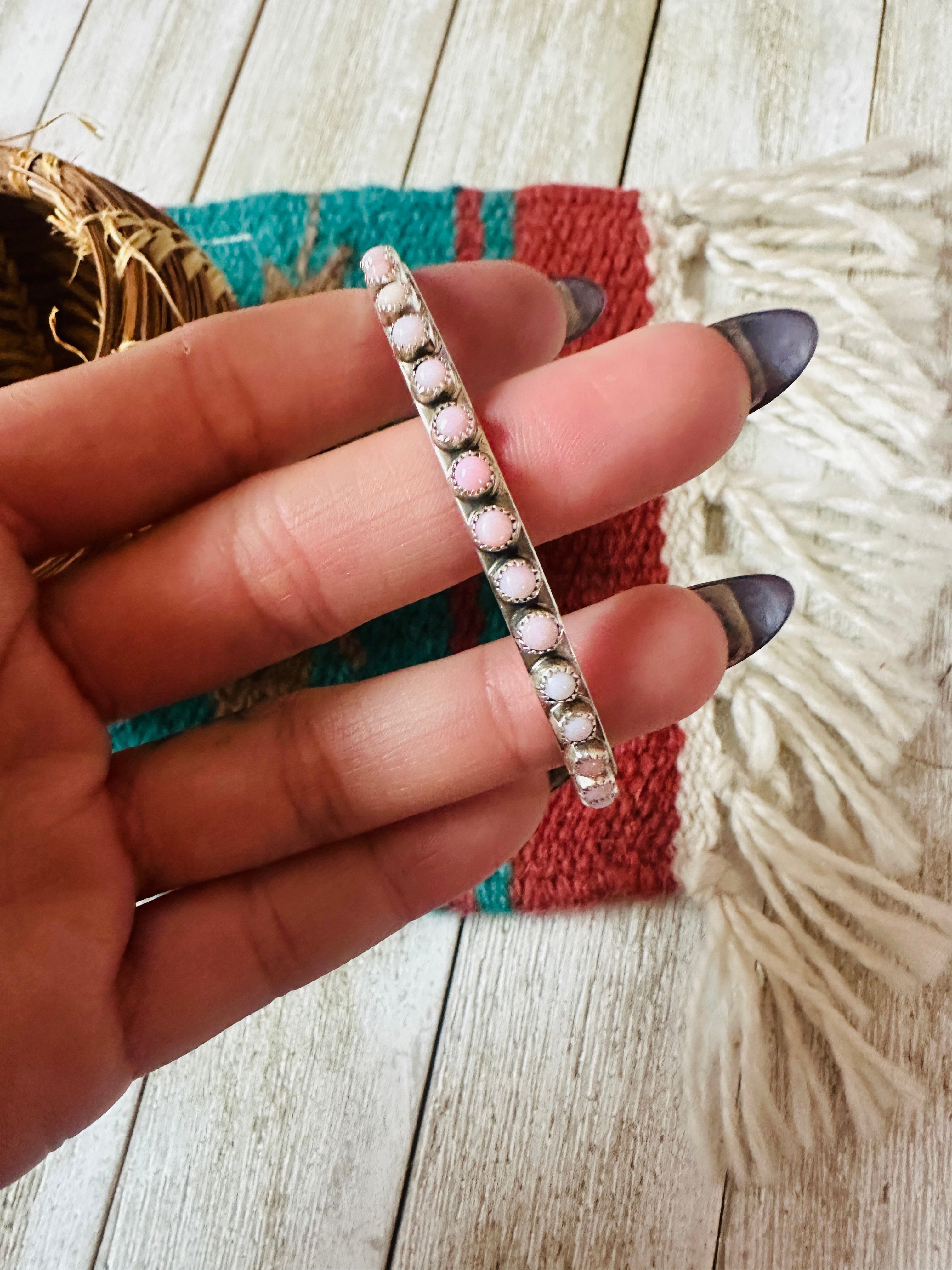 Handcrafted Queen Pink Conch & Sterling Silver Petit Point Cuff Bracelet