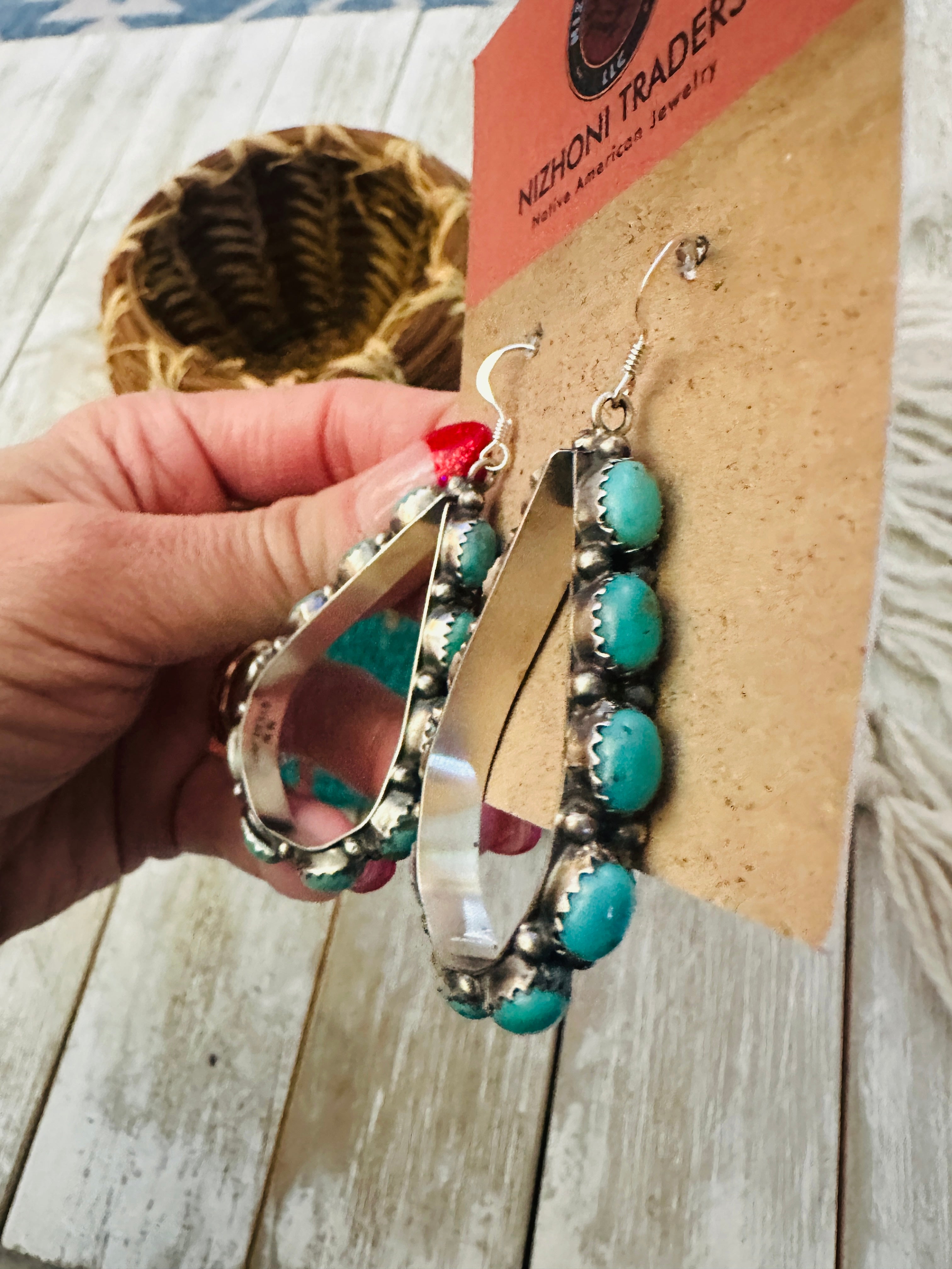 Handcrafted Turquoise & Sterling Silver Dangle Hoop Earrings
