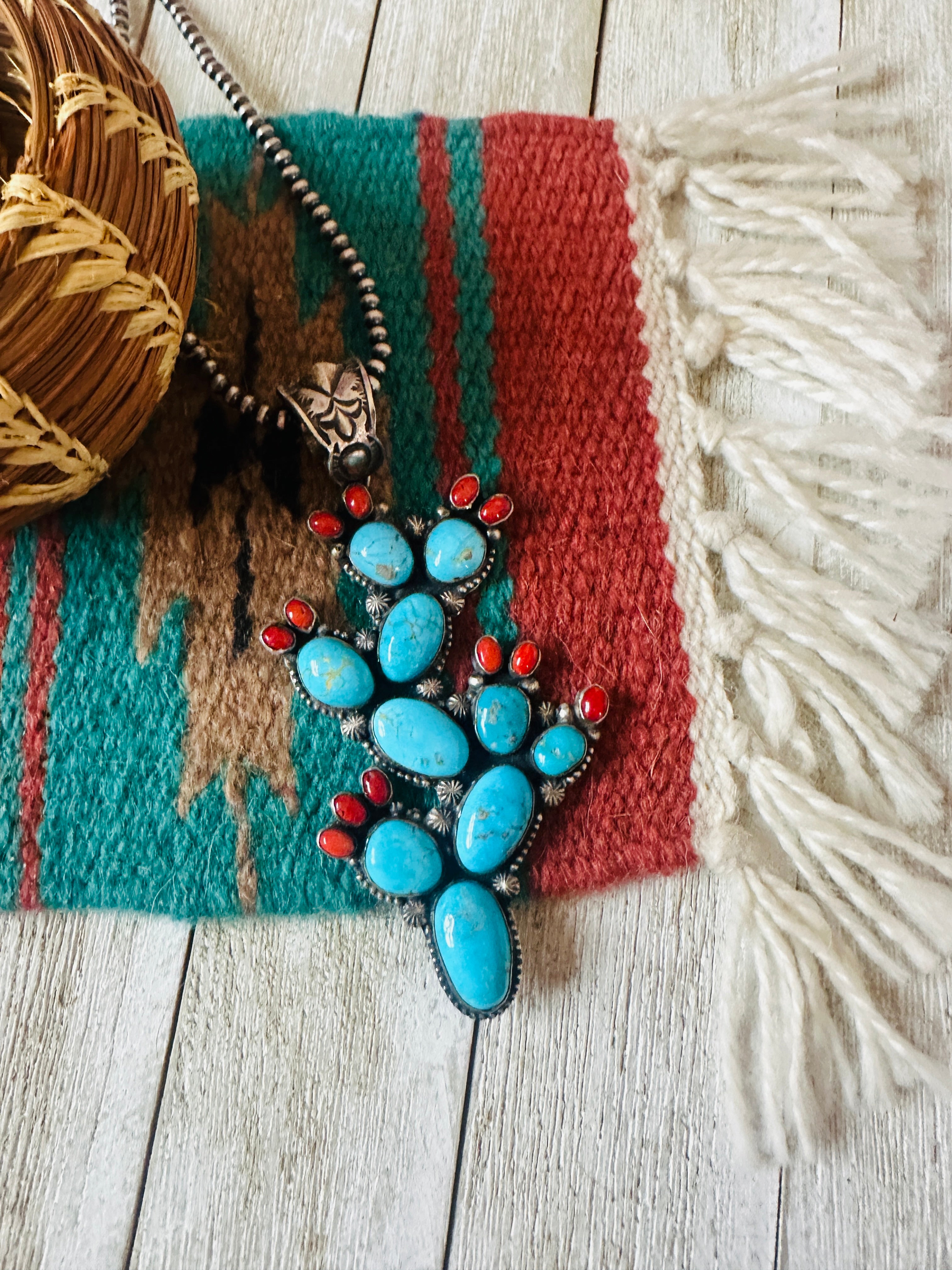 Handcrafted Sterling Silver, Turquoise & Coral Cactus Pendant by Shawn Cayatineto