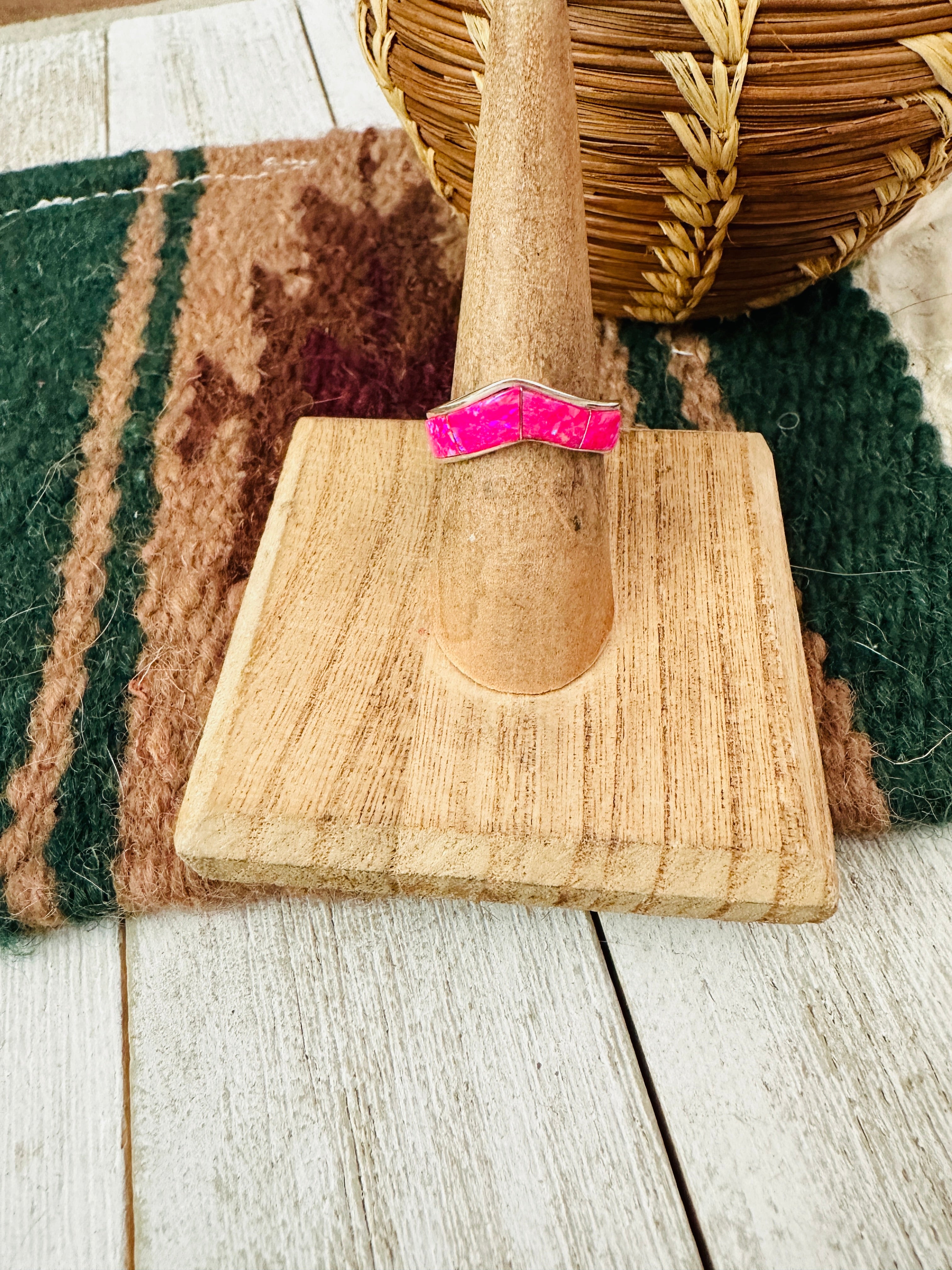 Handcrafted Sterling Silver & Pink Opal Inlay Band Ring