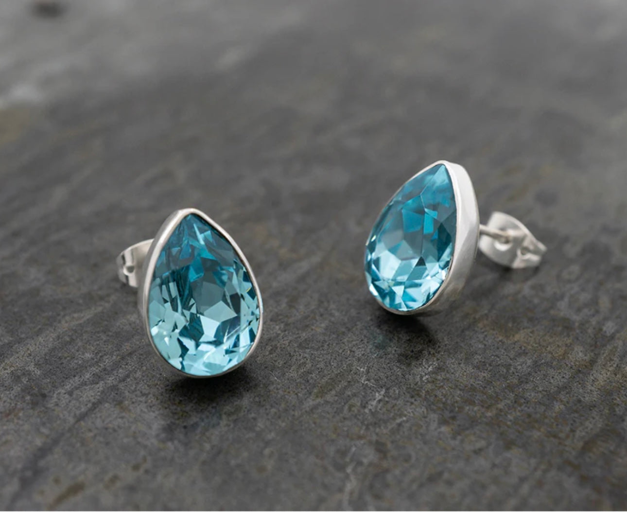 Aquamarine Blue Crystal Teardrop Sterling Silver Earrings