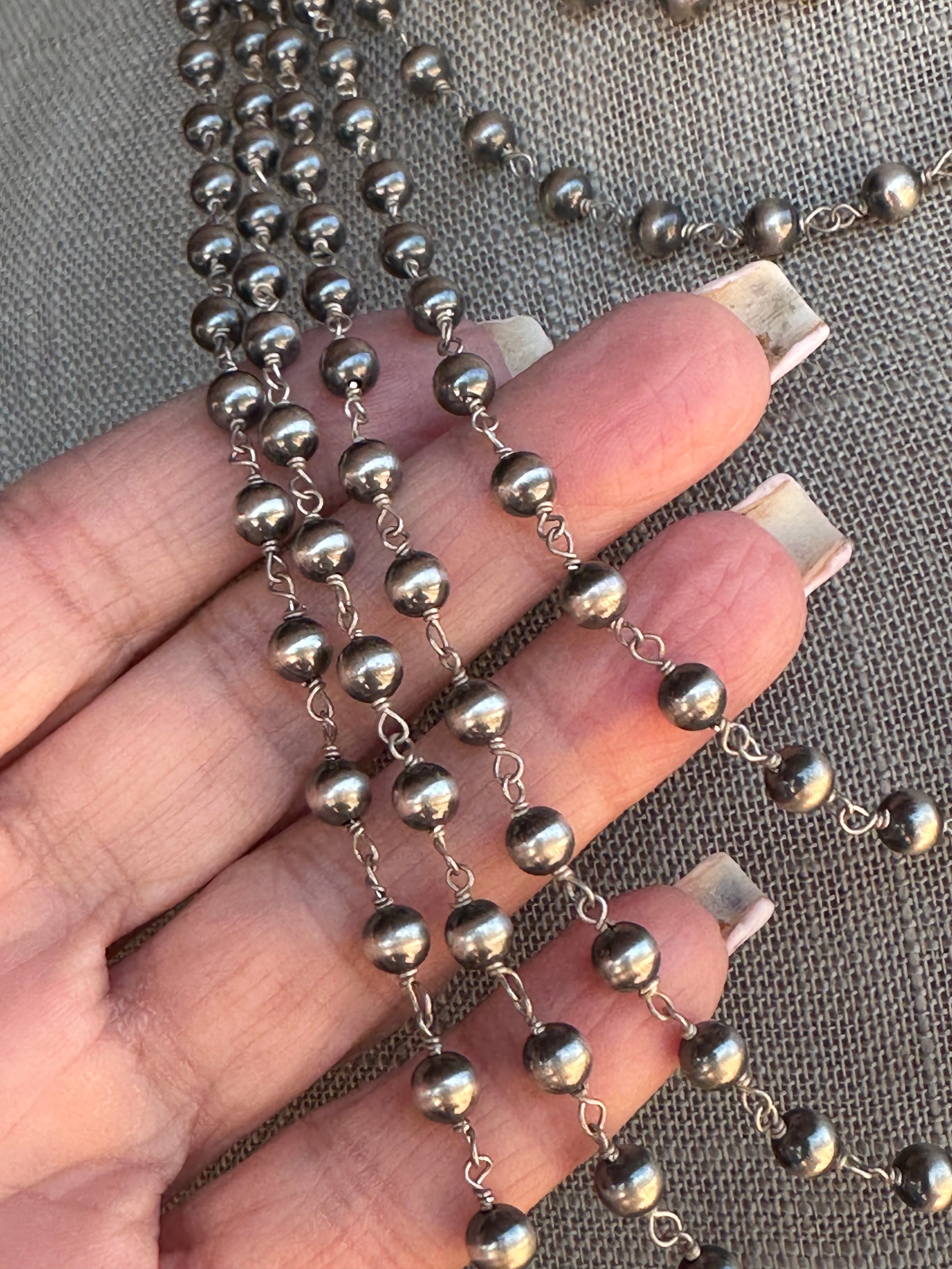 Handcrafted Sterling Silver 6mm Rosary Beaded Necklaces 144"