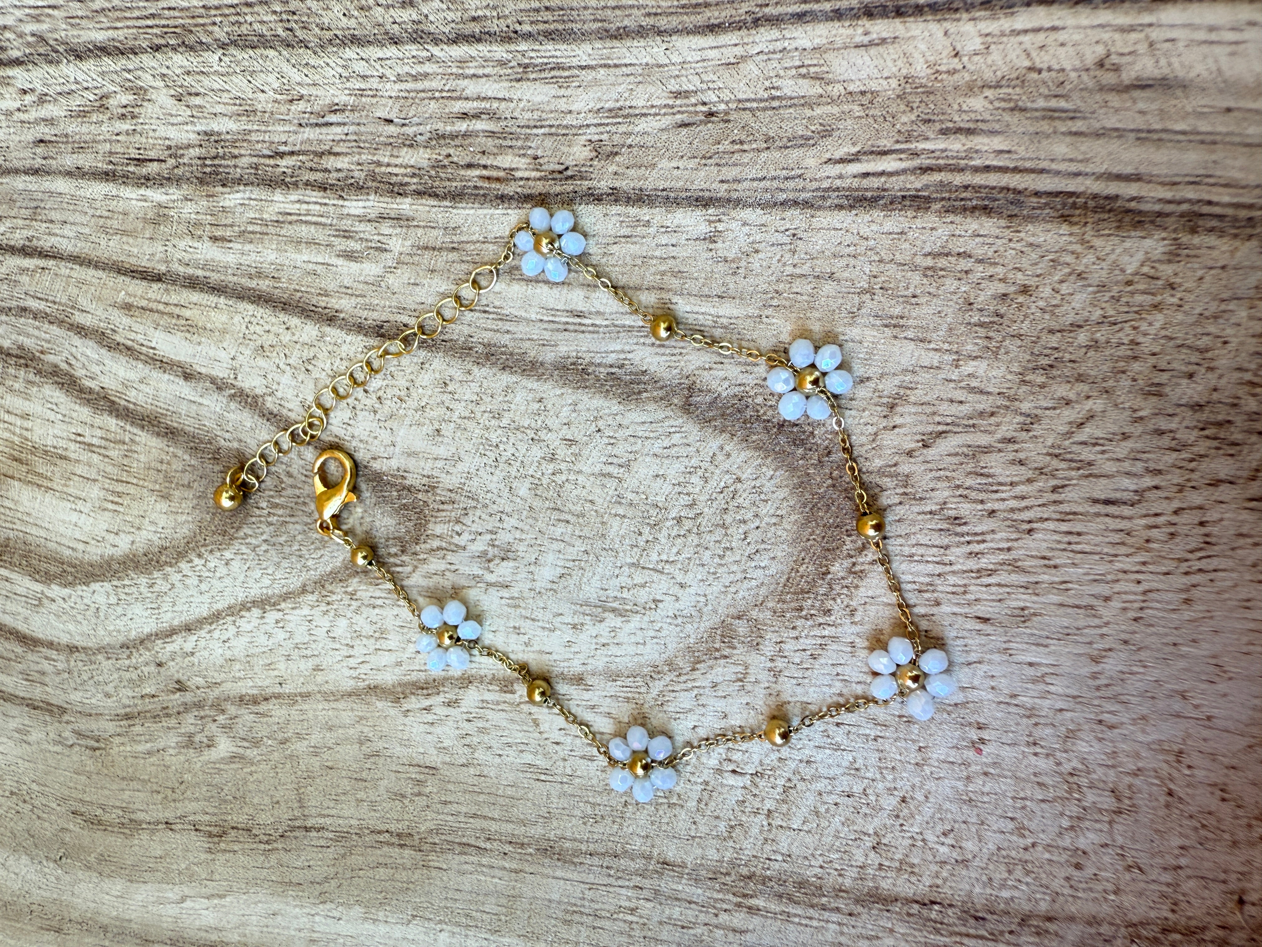 “The Golden Collection” Handmade White Beaded Plated Flower Bracelet