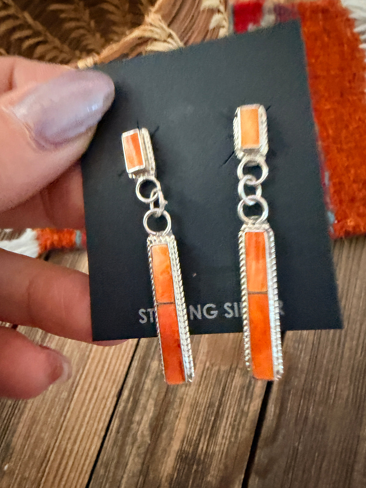 Handcrafted Spiny Oyster & Sterling Silver Inlay Dangle Earrings