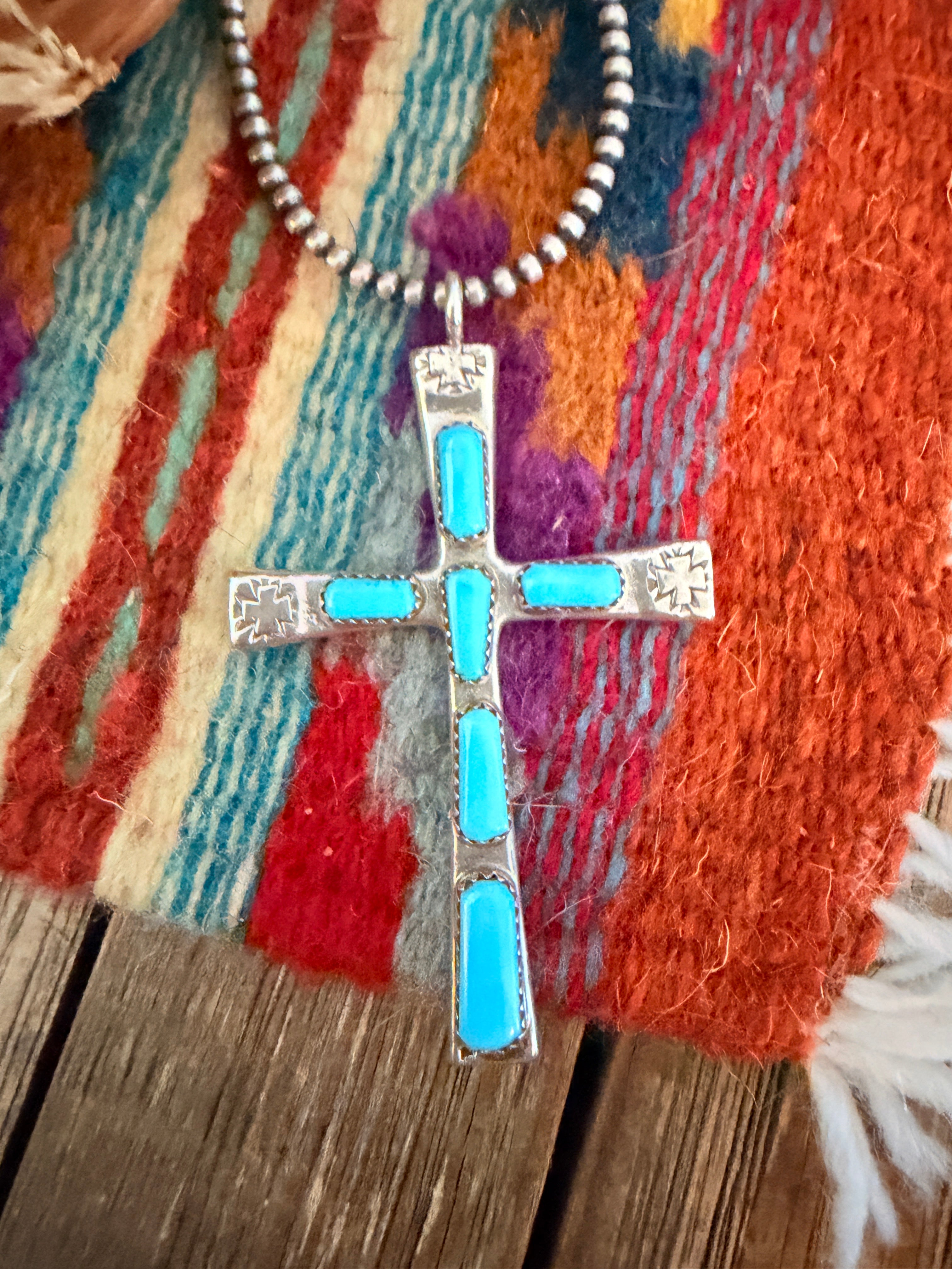 Old Pawn Handcrafted Turquoise and Sterling Silver Cross Pendant