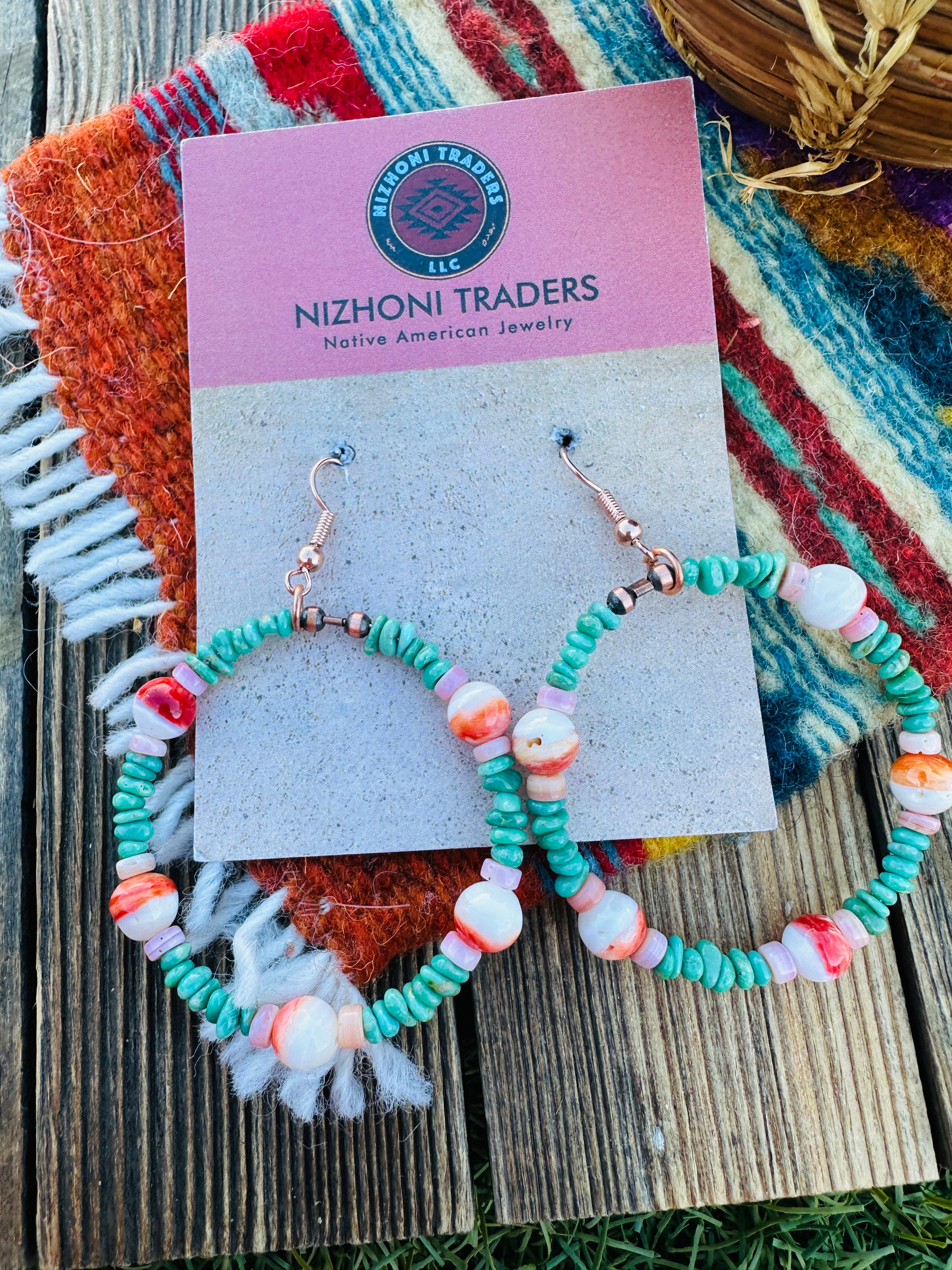 Handcrafted Queen Pink Conch, Turquoise & Copper Beaded Dangle Hoop Earrings