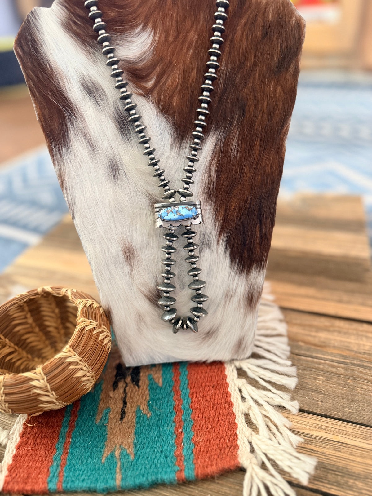 Handcrafted Turquoise & Sterling Silver Beaded Double Sided Jacla Necklace
