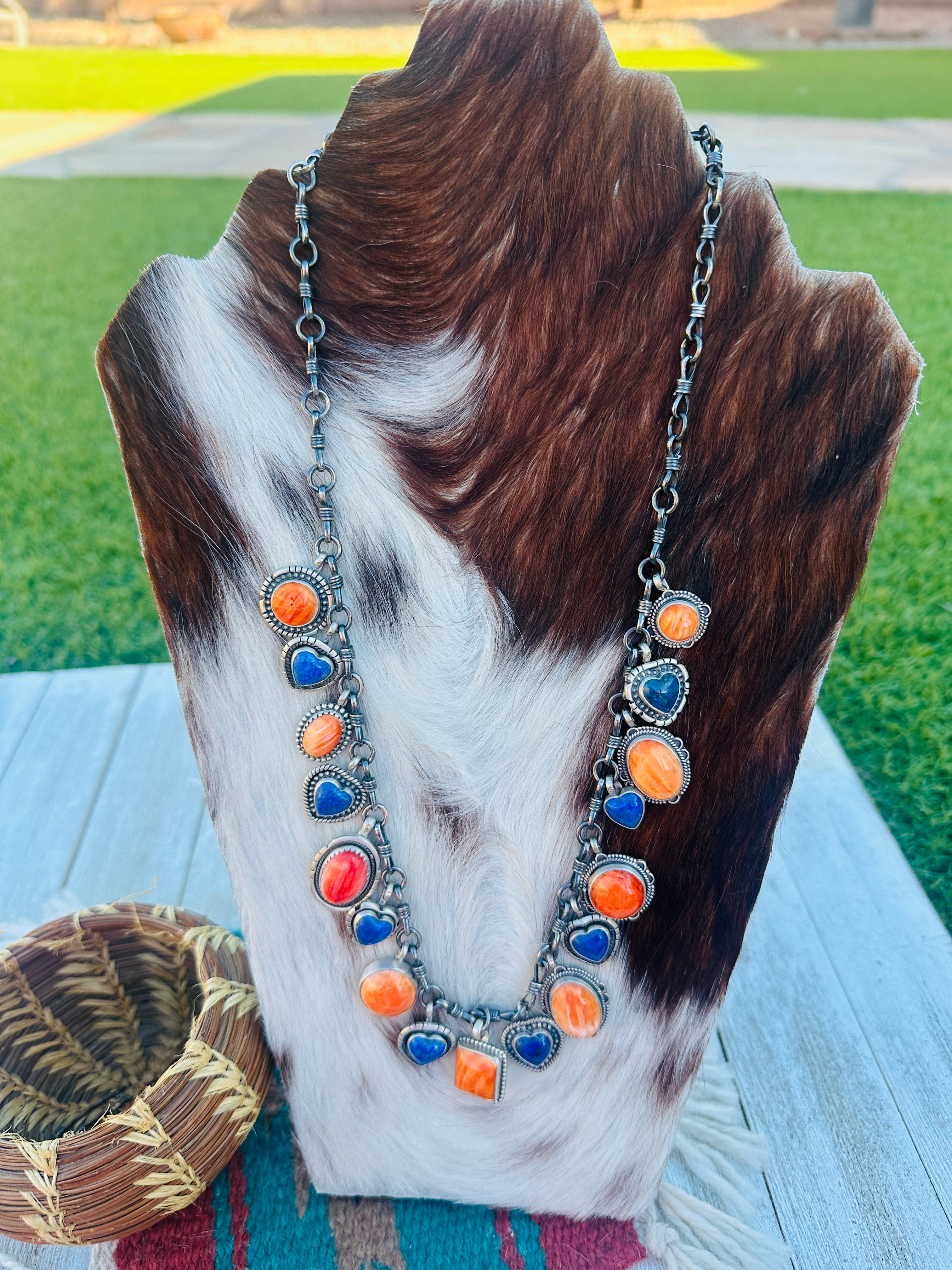 Handcrafted Orange Spiny, Lapis & Sterling Silver Heart Necklace