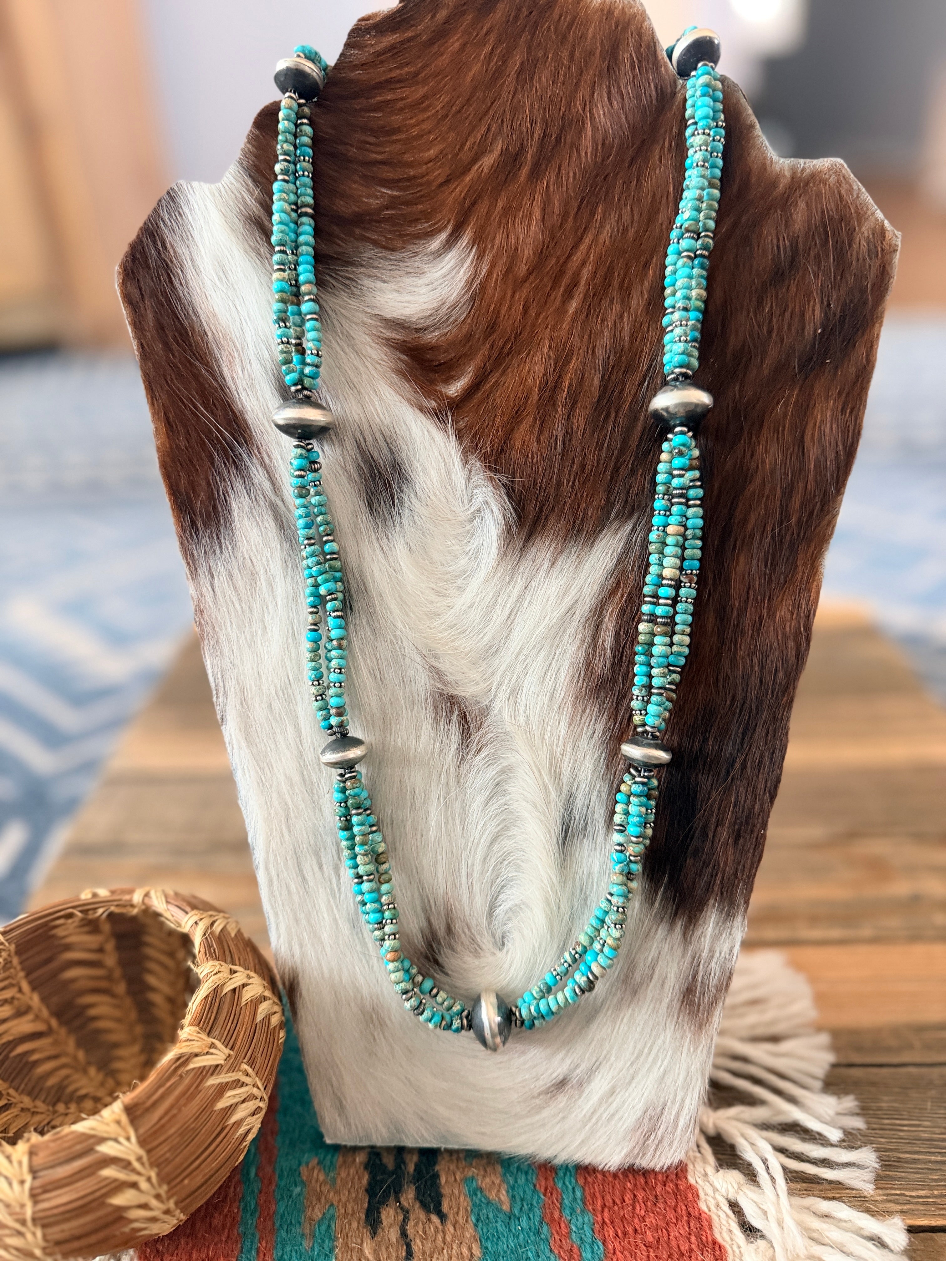 Handcrafted Turquoise & Sterling Silver Pearl 30" Beaded Necklace