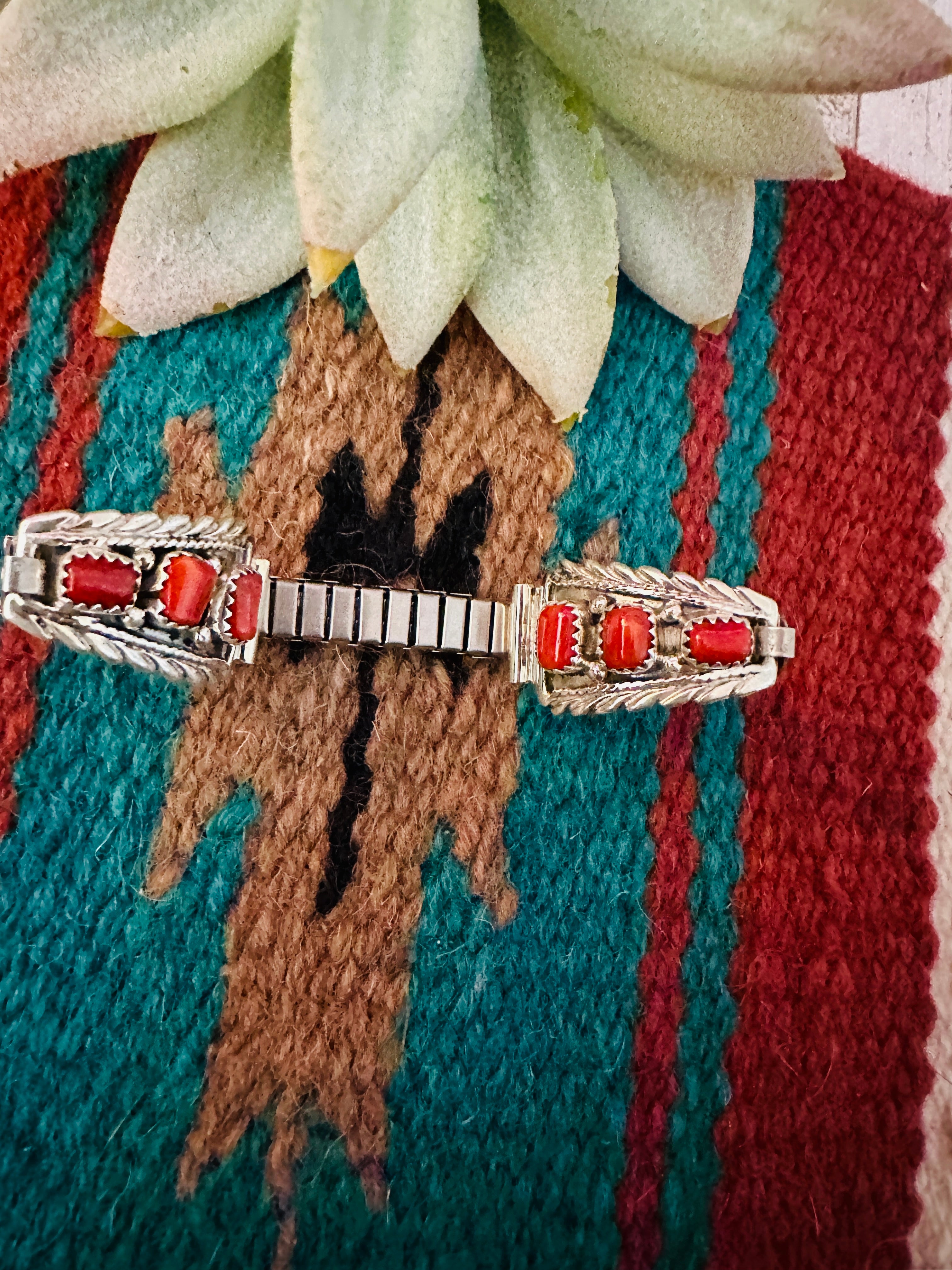 Handcrafted Sterling Silver & Coral Watch Band Signed