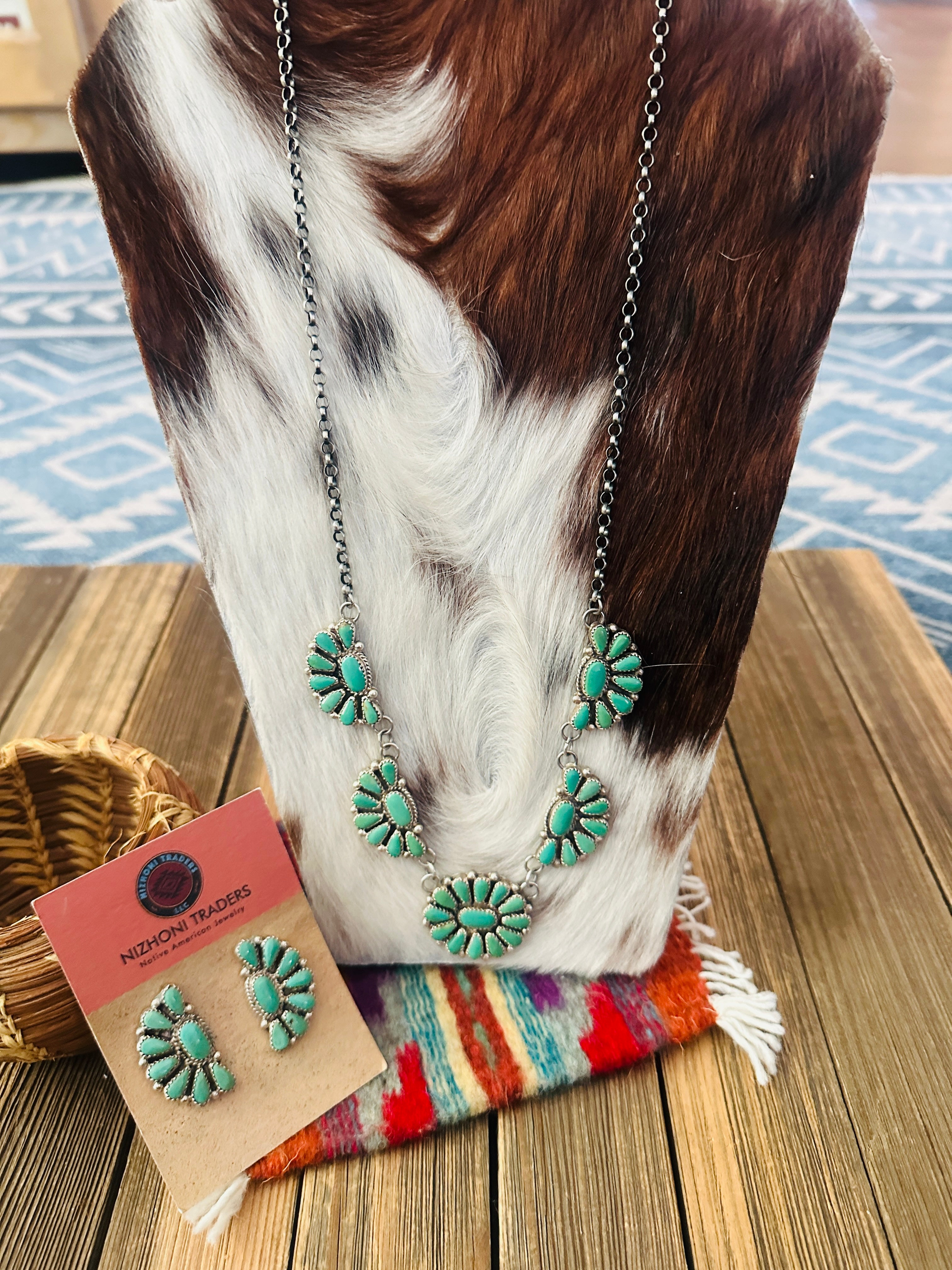 Handcrafted Turquoise & Sterling Silver Cluster Necklace and Earring Set