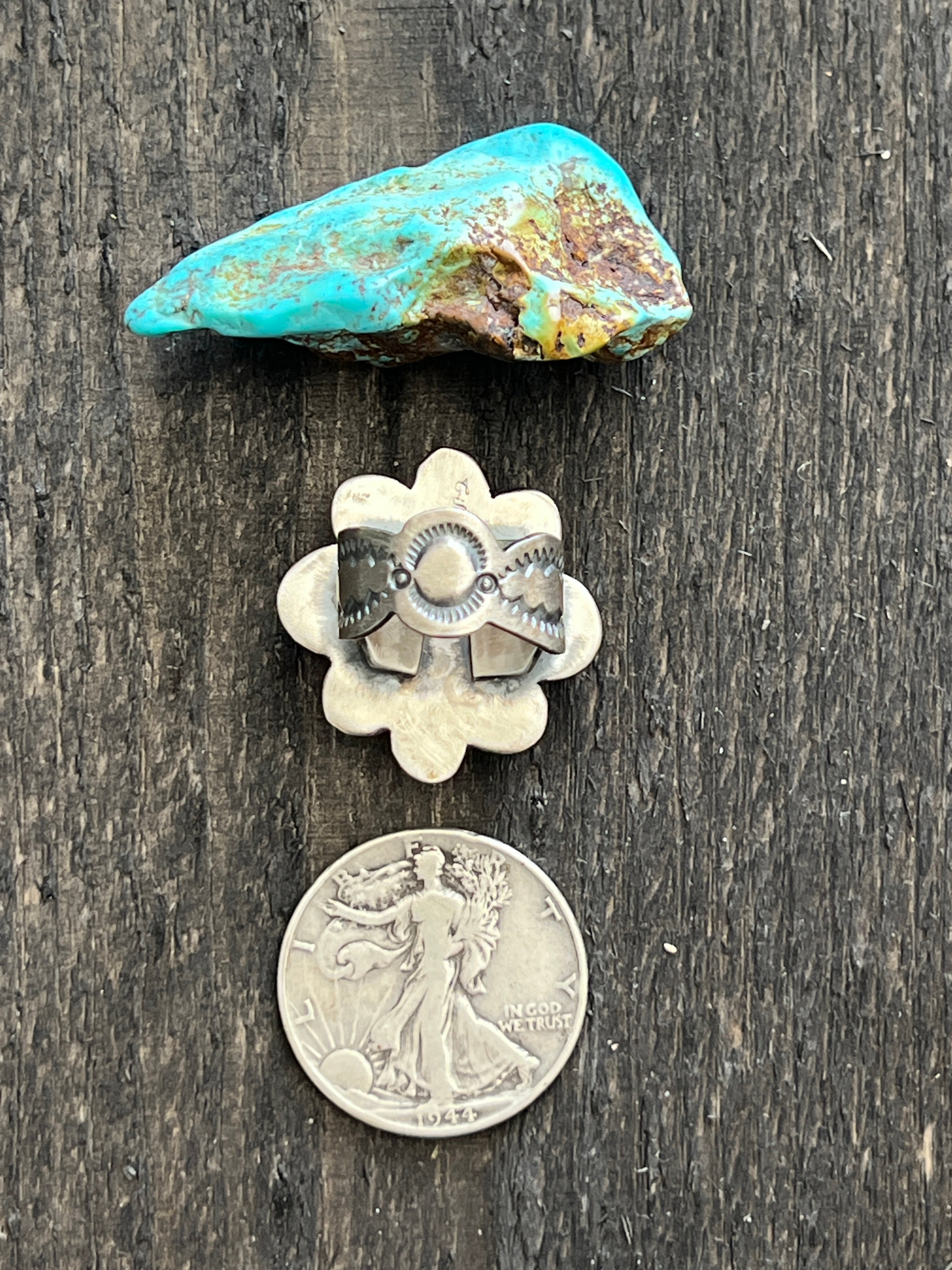 Handcrafted Sterling Silver and Natural Pilot Mountain Turquoise Single Stone Ring by Gilbert Tom, Size 8