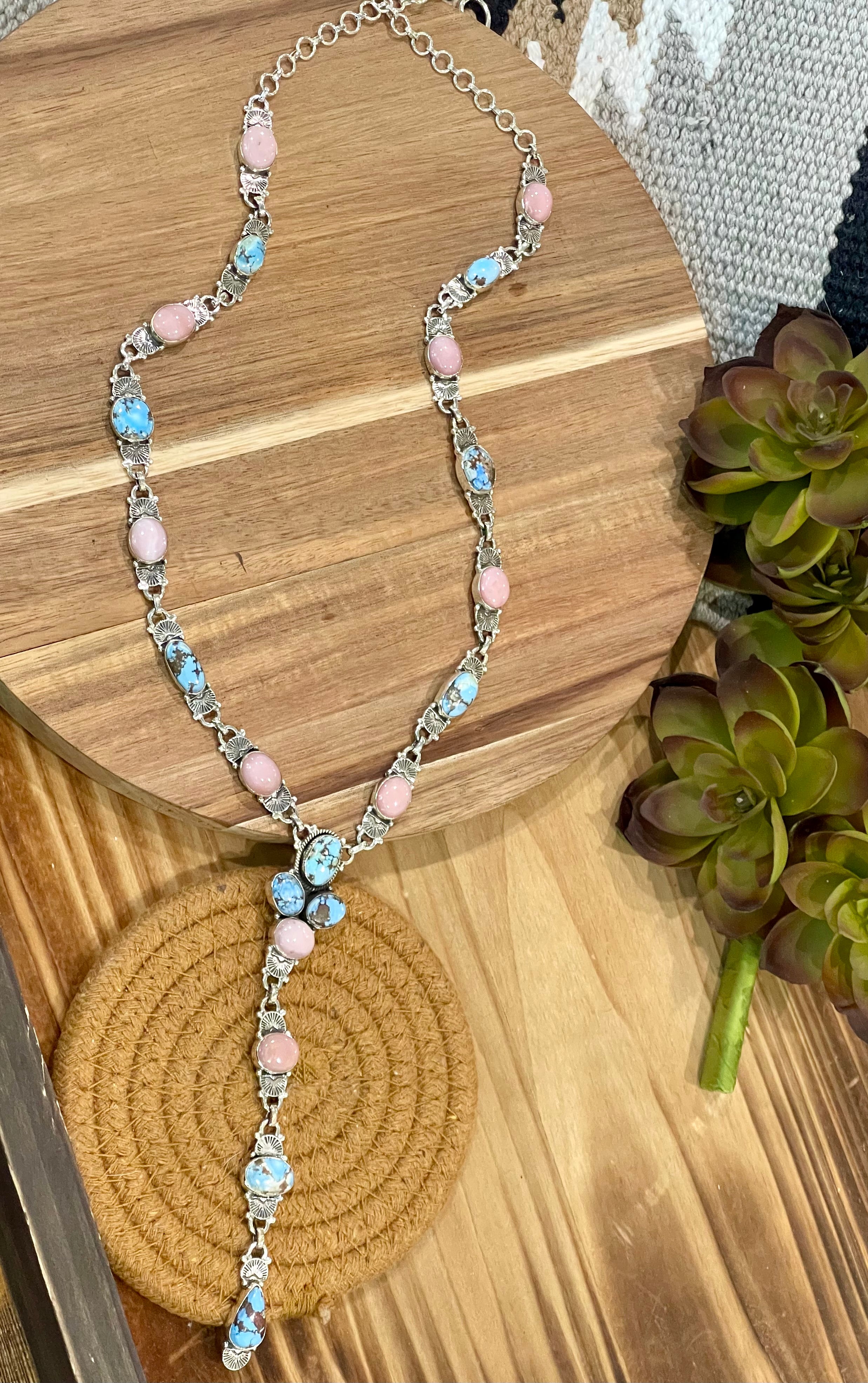 Handmade Sterling Silver, Golden Hills & Pink Conch Lariat Necklace