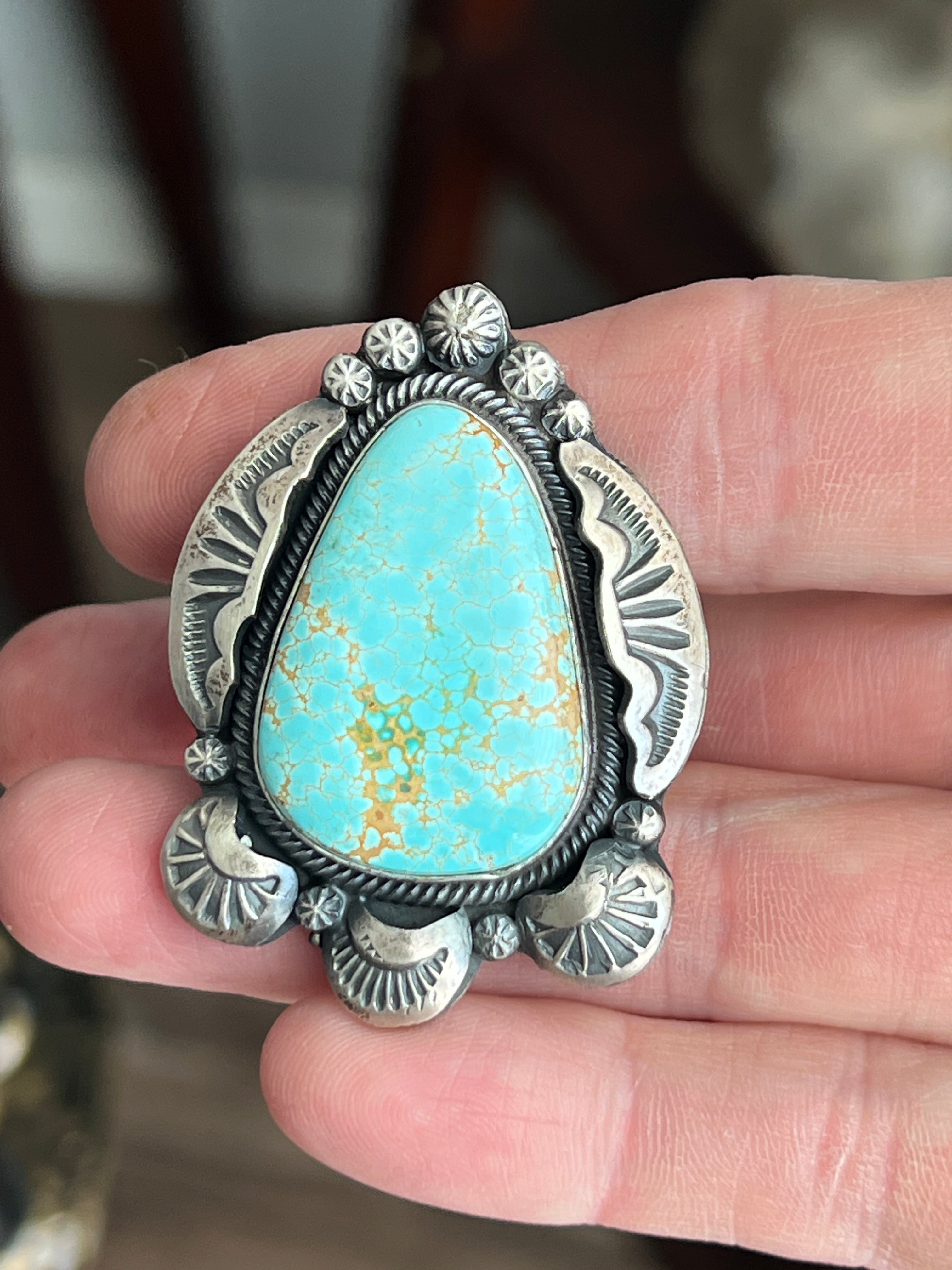 Handcrafted Sterling Silver and Number 8 Turquoise Ring by Gilbert Tom, Size 6.5