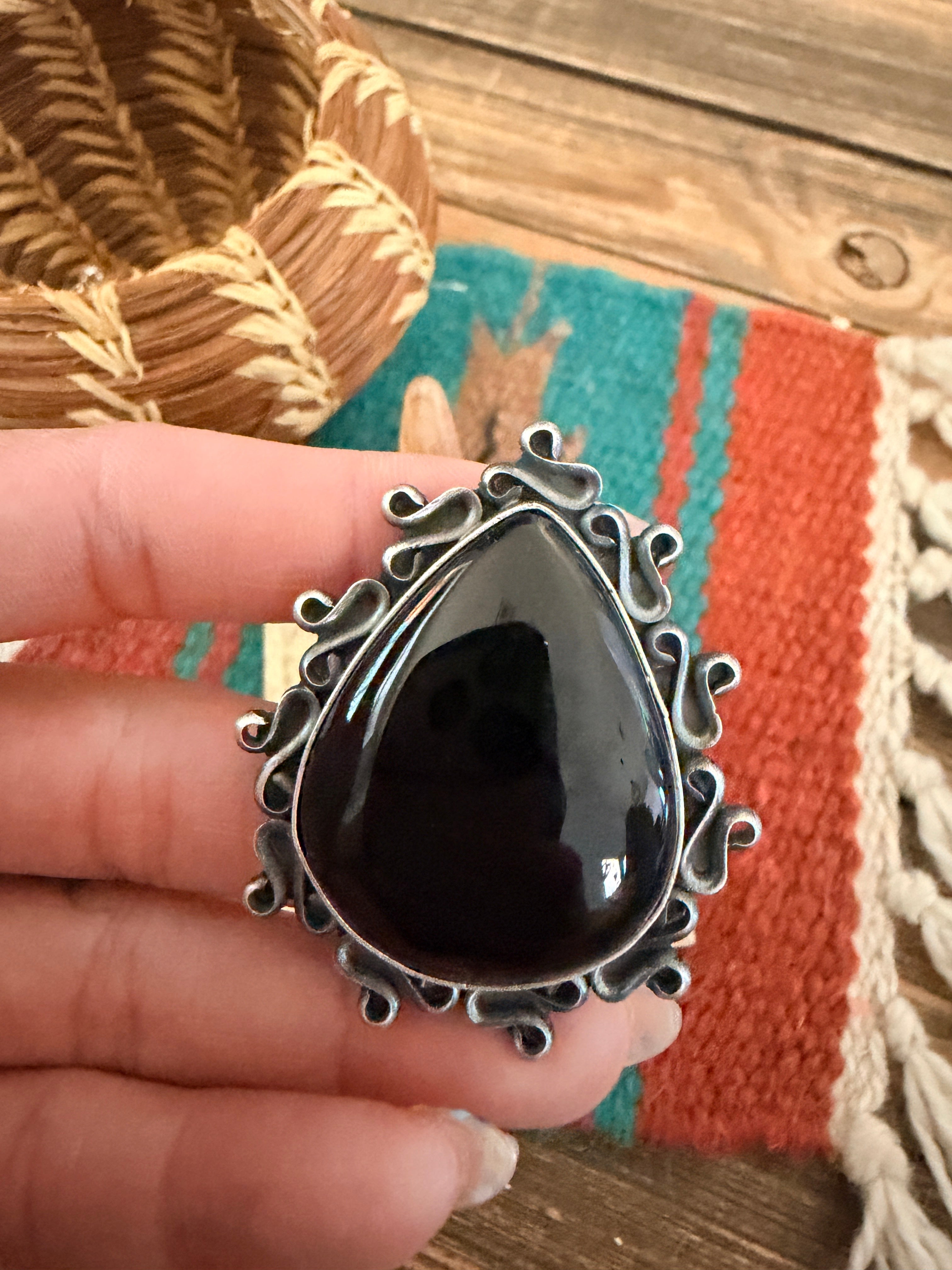 Handcrafted Black Onyx & Sterling Silver Ring Size 6.25