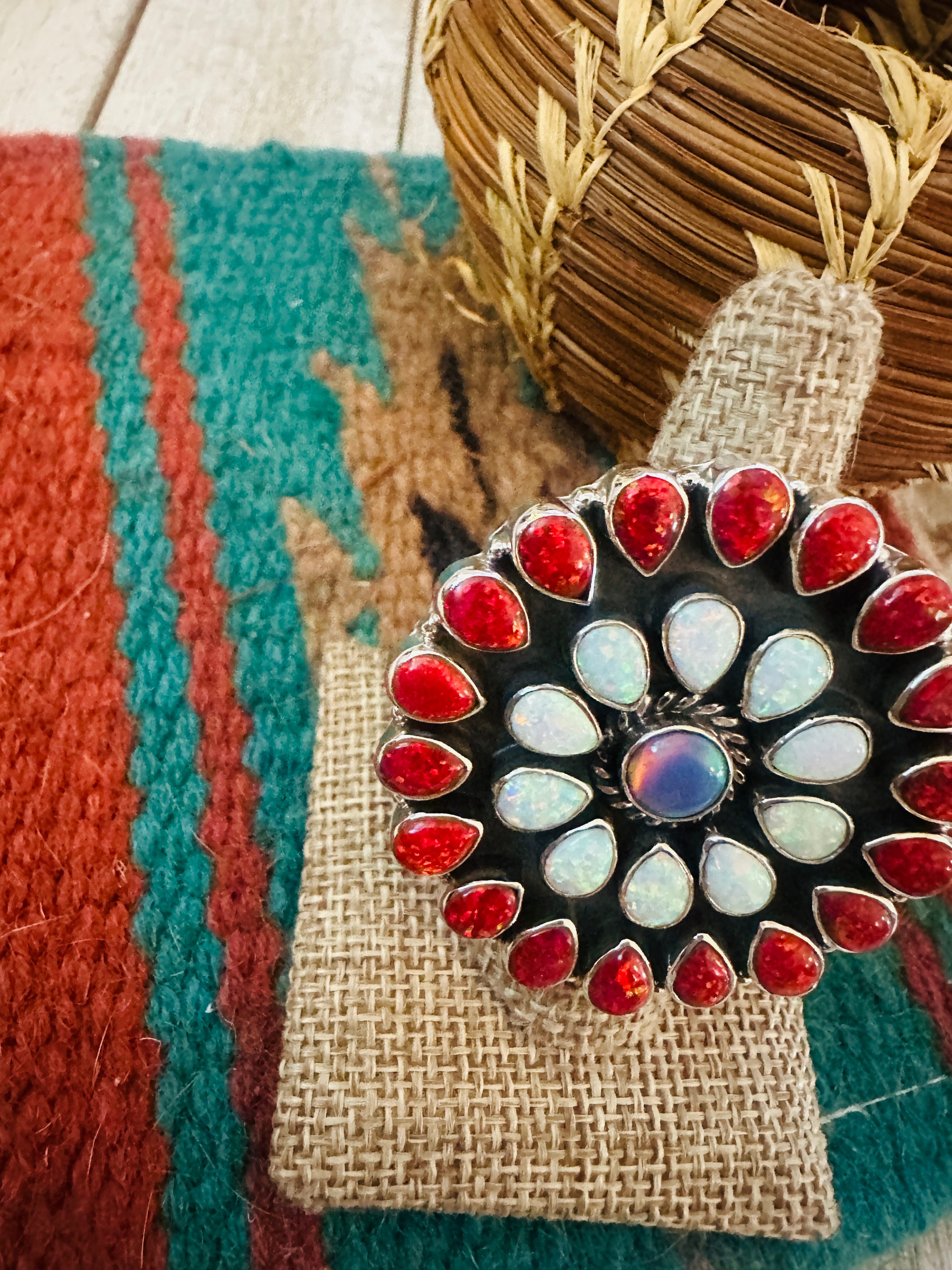 ** Christmas Collection ** Handmade Sterling Silver, Coral & Opal Adjustable Ring Signed Nizhoni