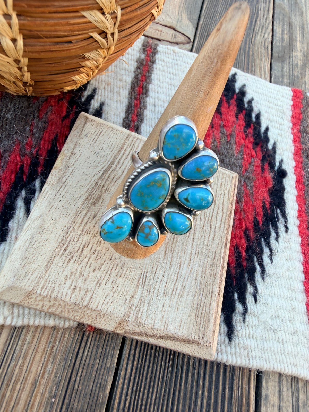 Handcrafted Turquoise & Sterling Silver Cluster Adjustable Ring by Geraldine James