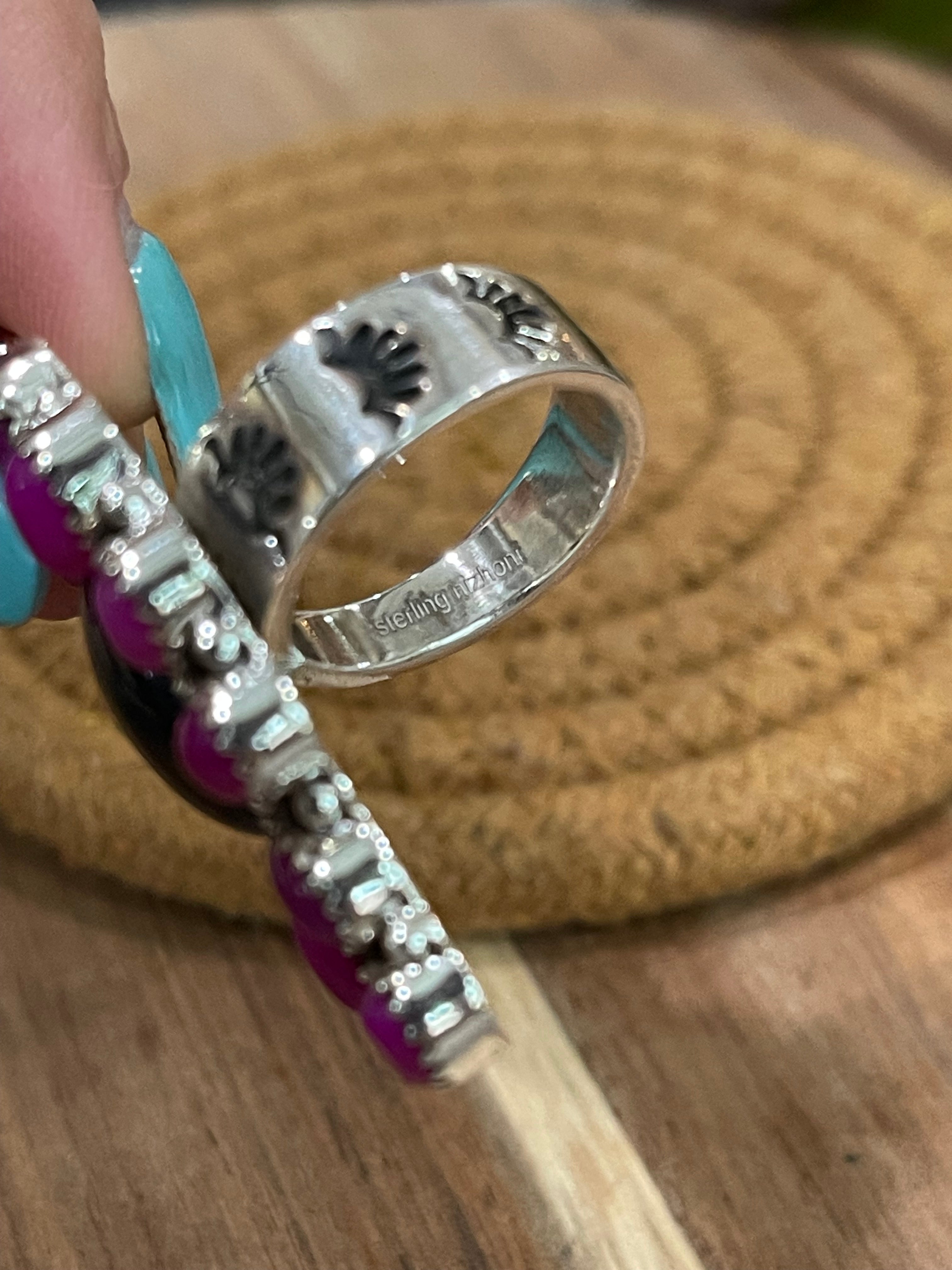 Handmade Sterling Silver, Onyx & Pink Onyx Cluster Adjustable Ring