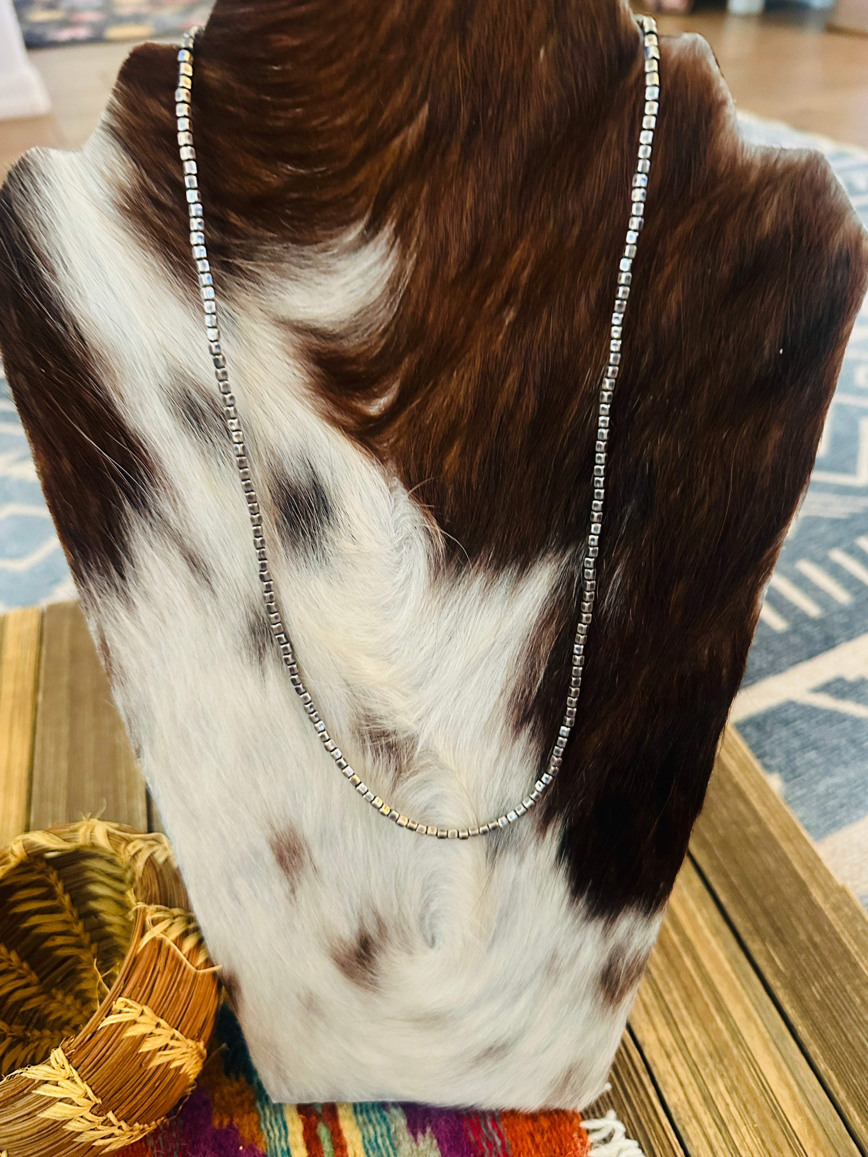 Handcrafted Sterling Silver Box Pearl Beaded 22” Necklace