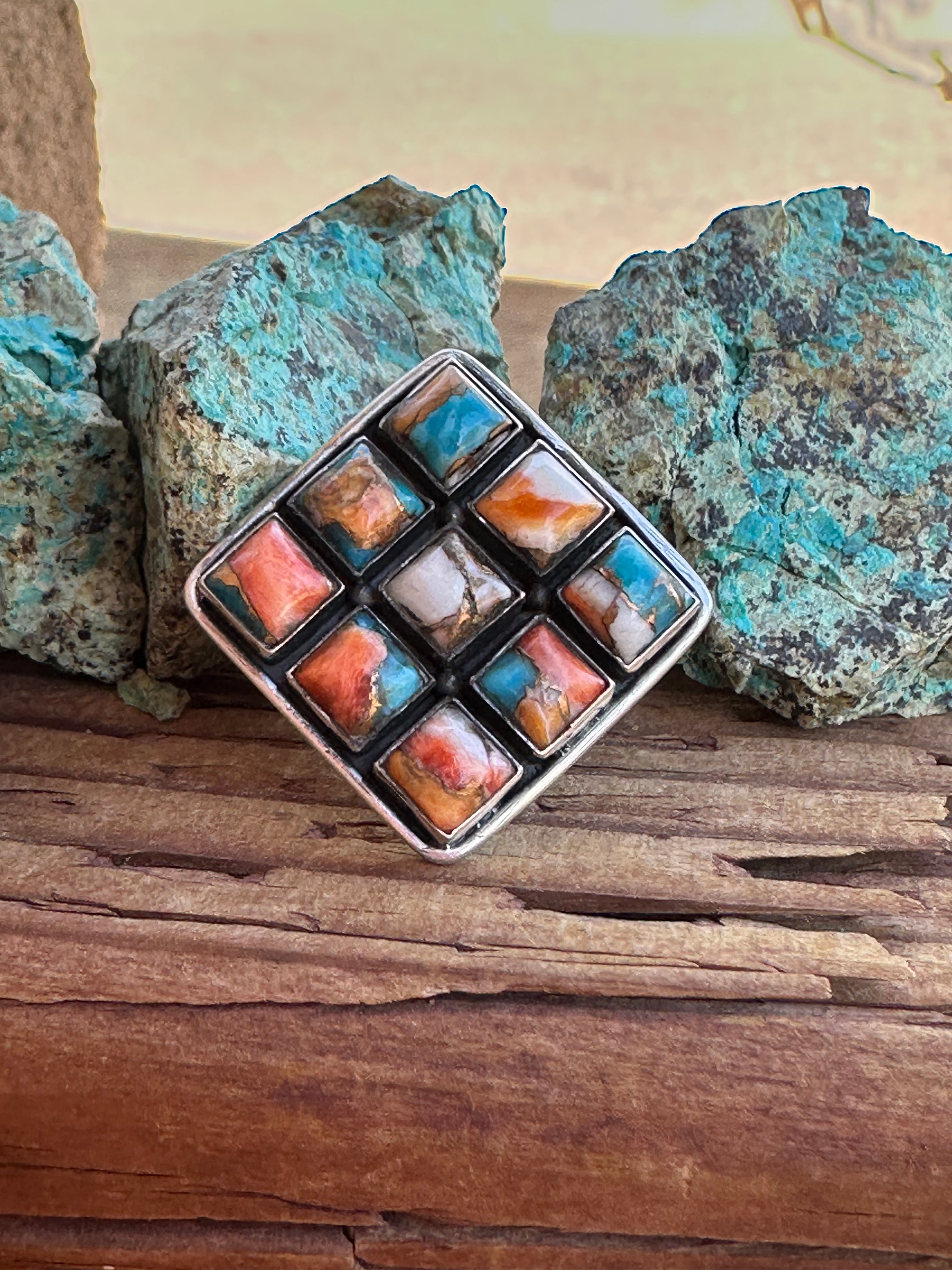 Beautiful Handmade Sterling Silver And Spice Square Adjustable Ring