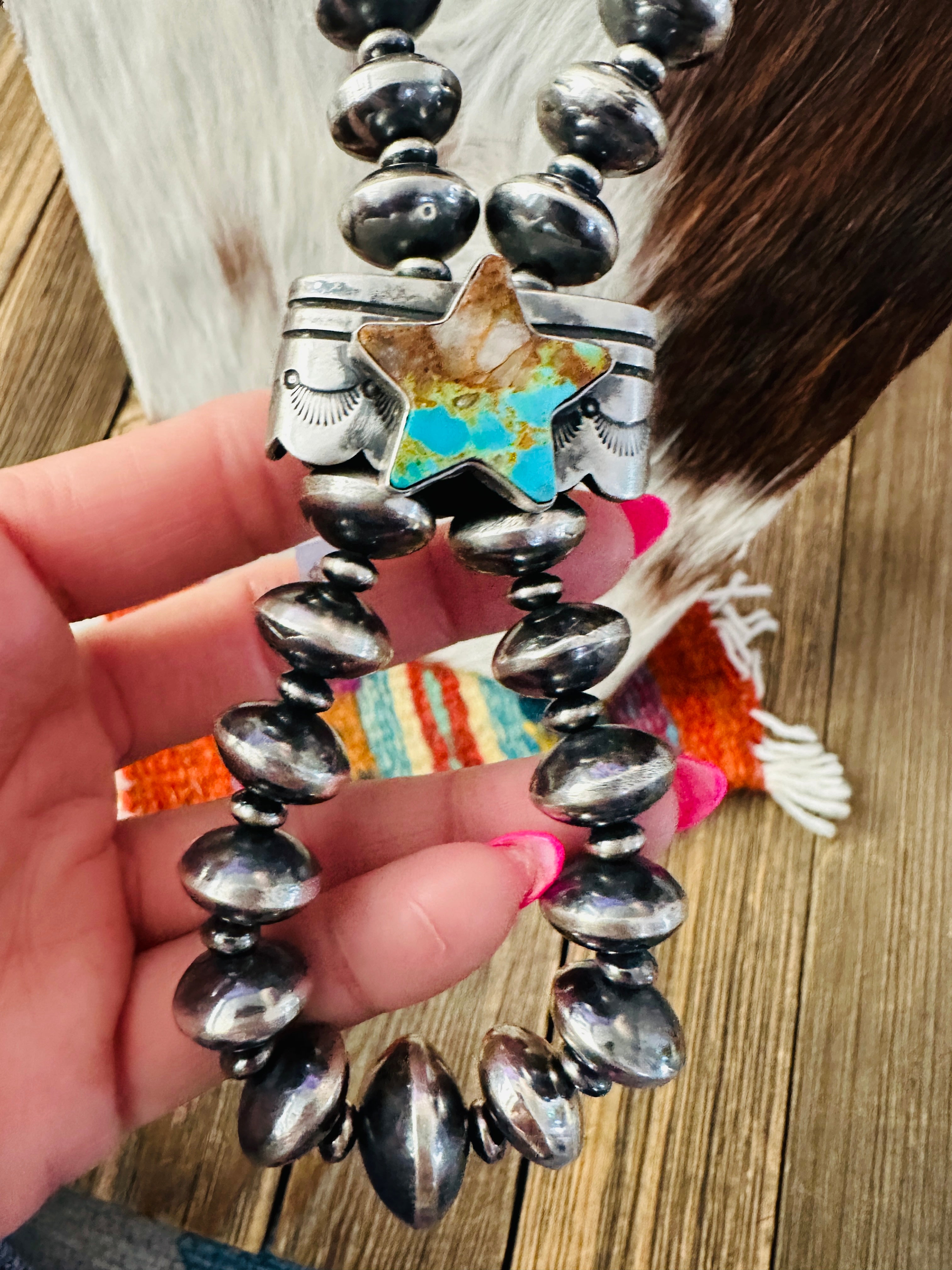 Handcrafted Turquoise & Sterling Silver Beaded Double Sided Jacla Necklace