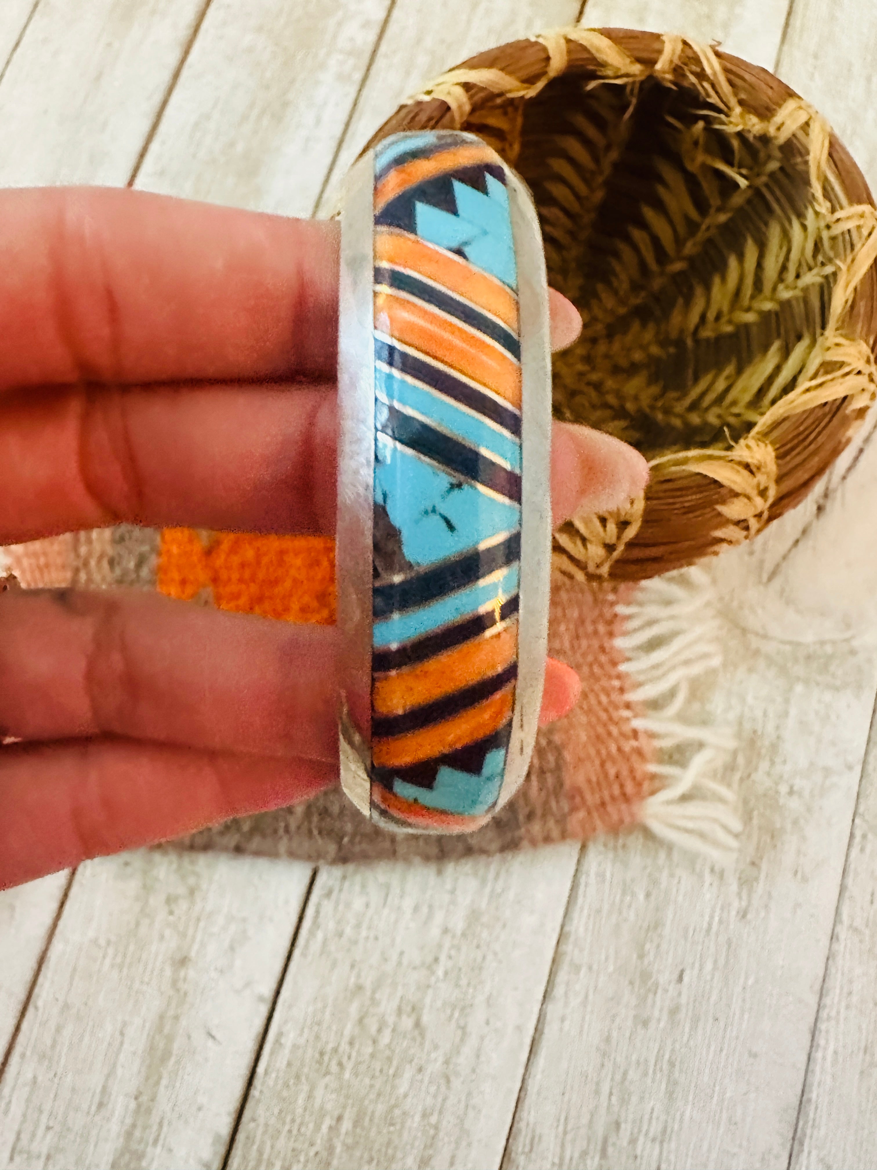 Handcrafted Multi Stone & Sterling Silver Inlay Cuff Bracelet