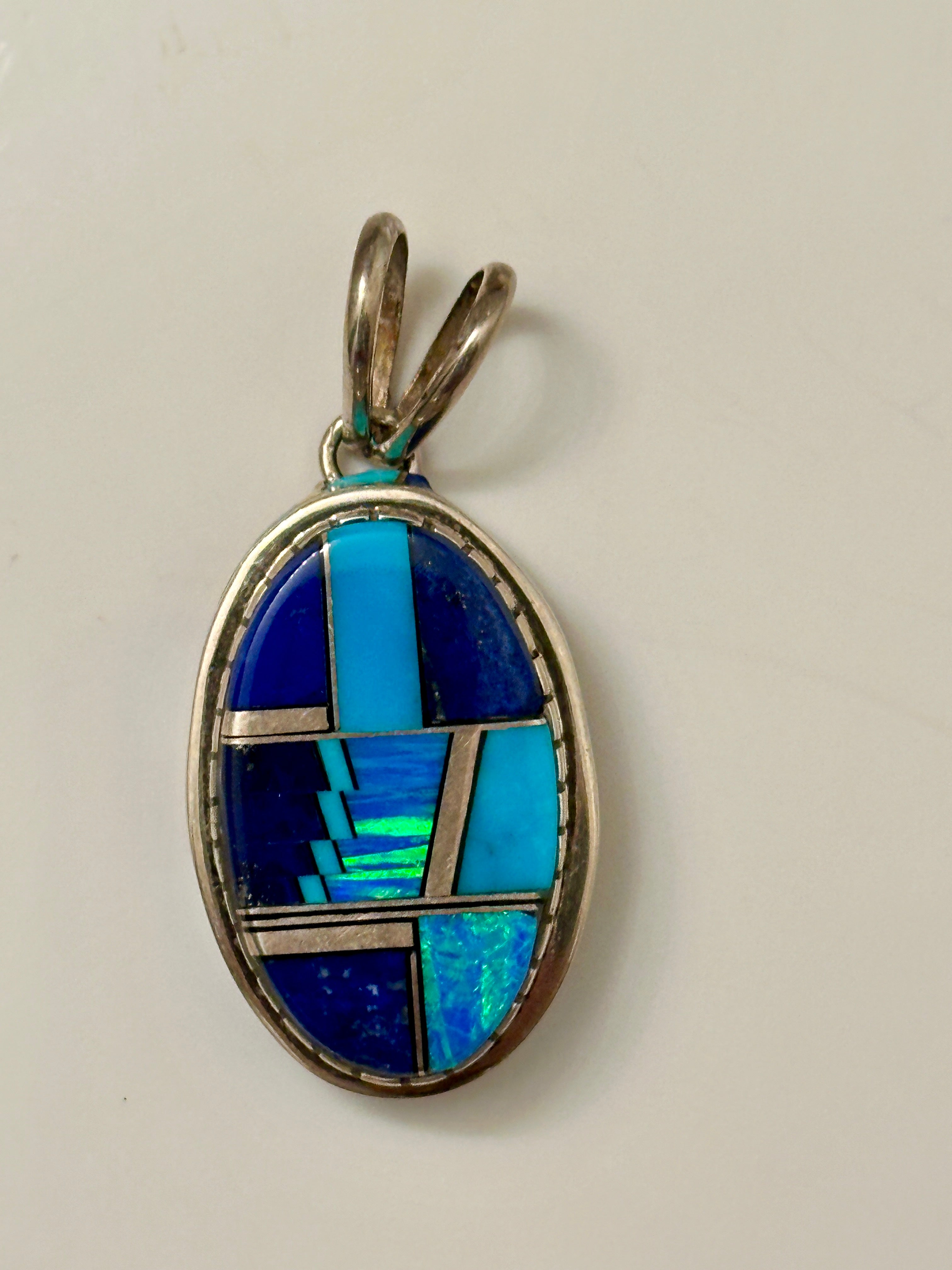 Handcrafted Lapis, Turquoise, Blue Opal Oval Pendant