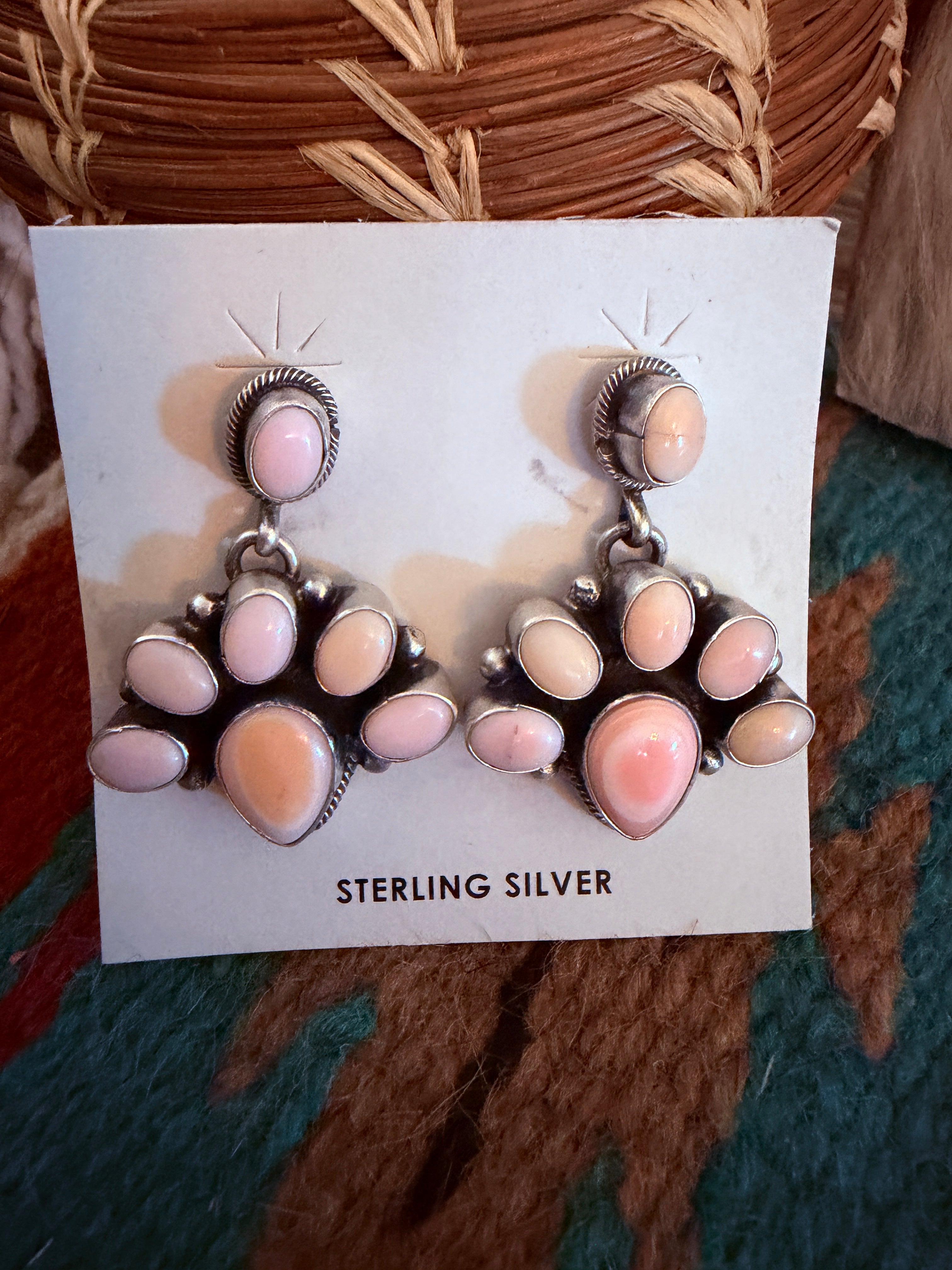 Handcrafted Queen Pink Conch & Sterling Silver Cluster Necklace and Earring Set