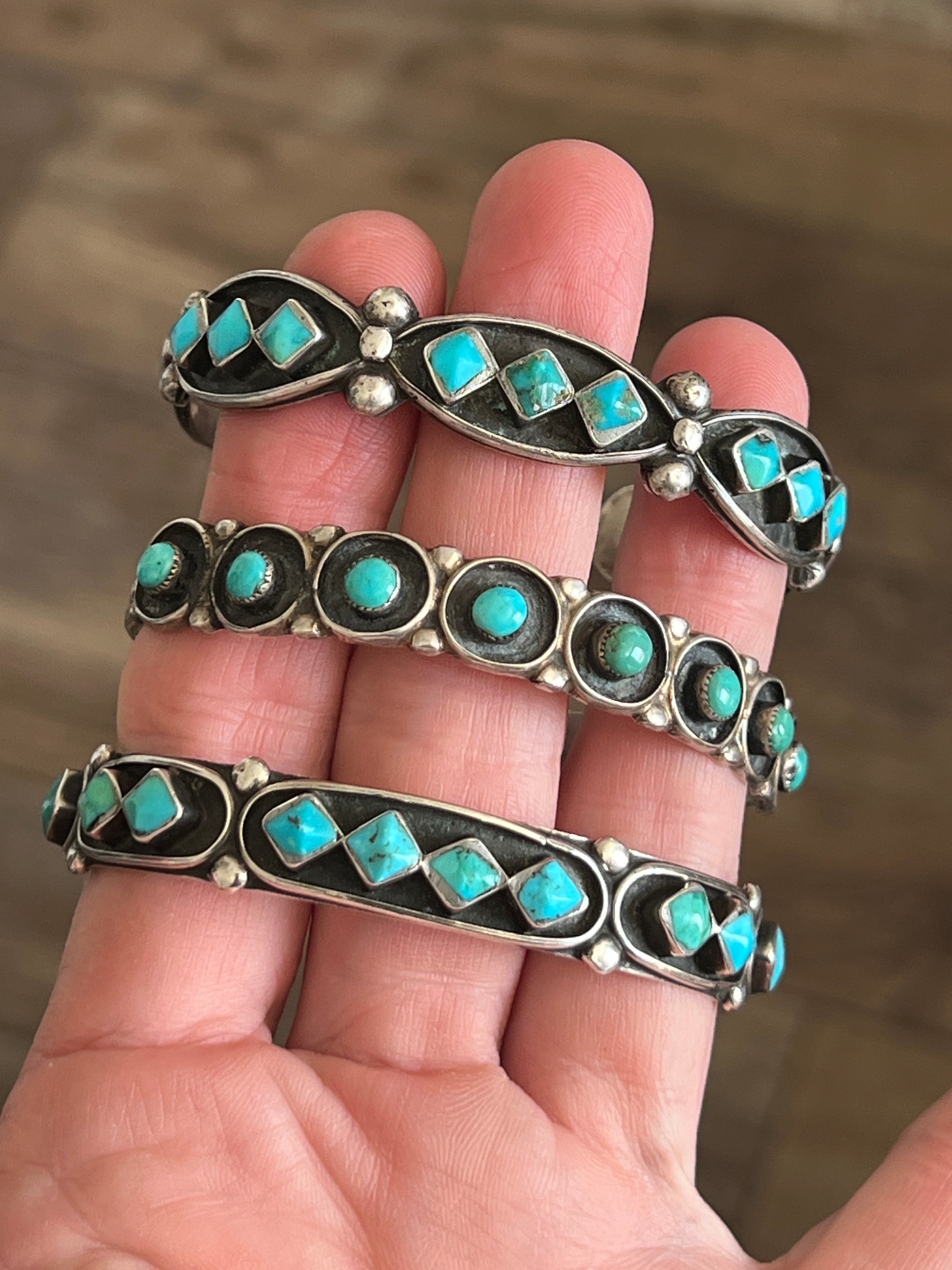 Handcrafted Vintage Sterling Silver and Four Diamond Turquoise Panel Stacker Cuff Bracelet