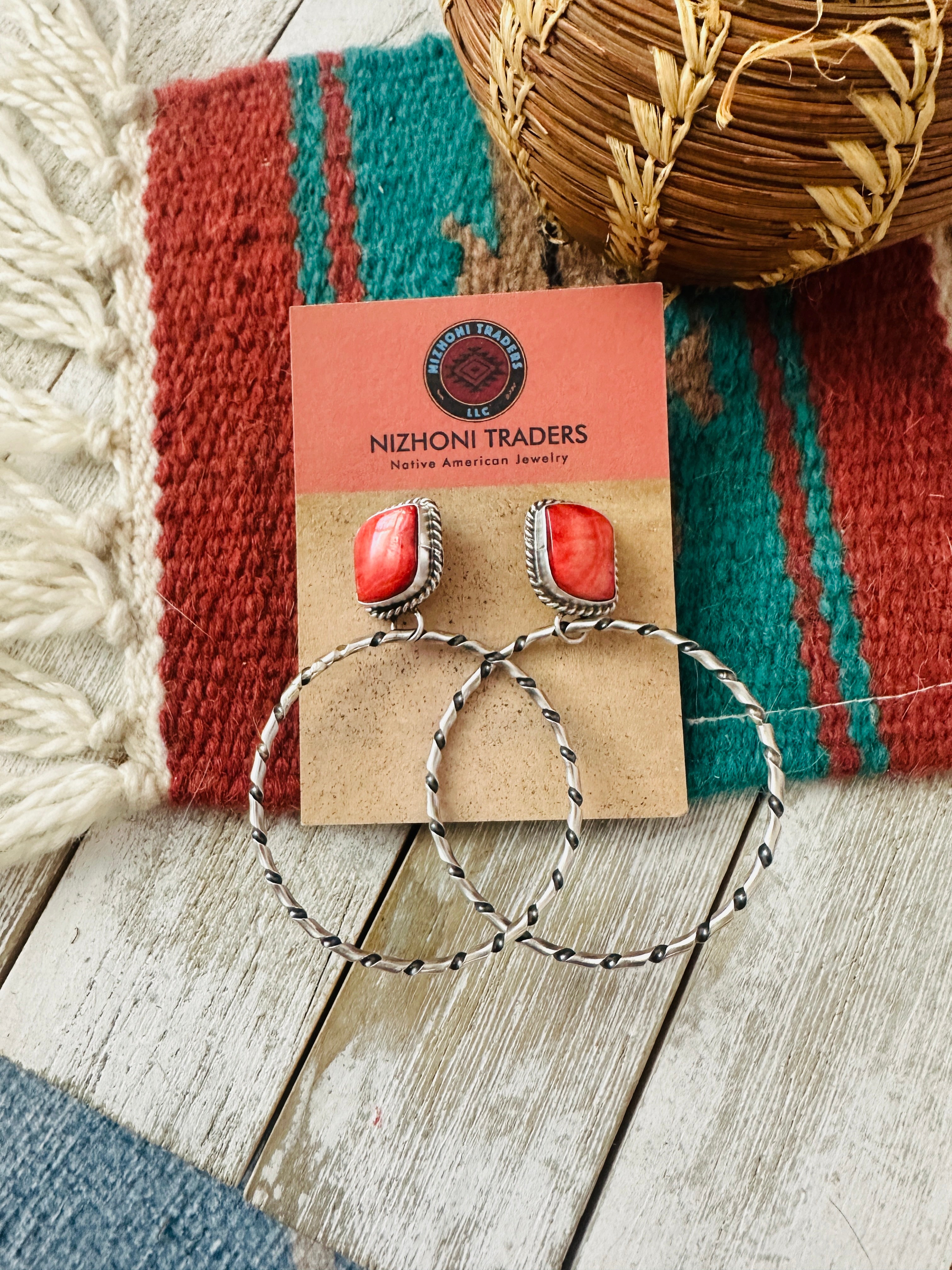 Navajo Orange Spiny and Sterling Silver Dangle Hoop Earrings