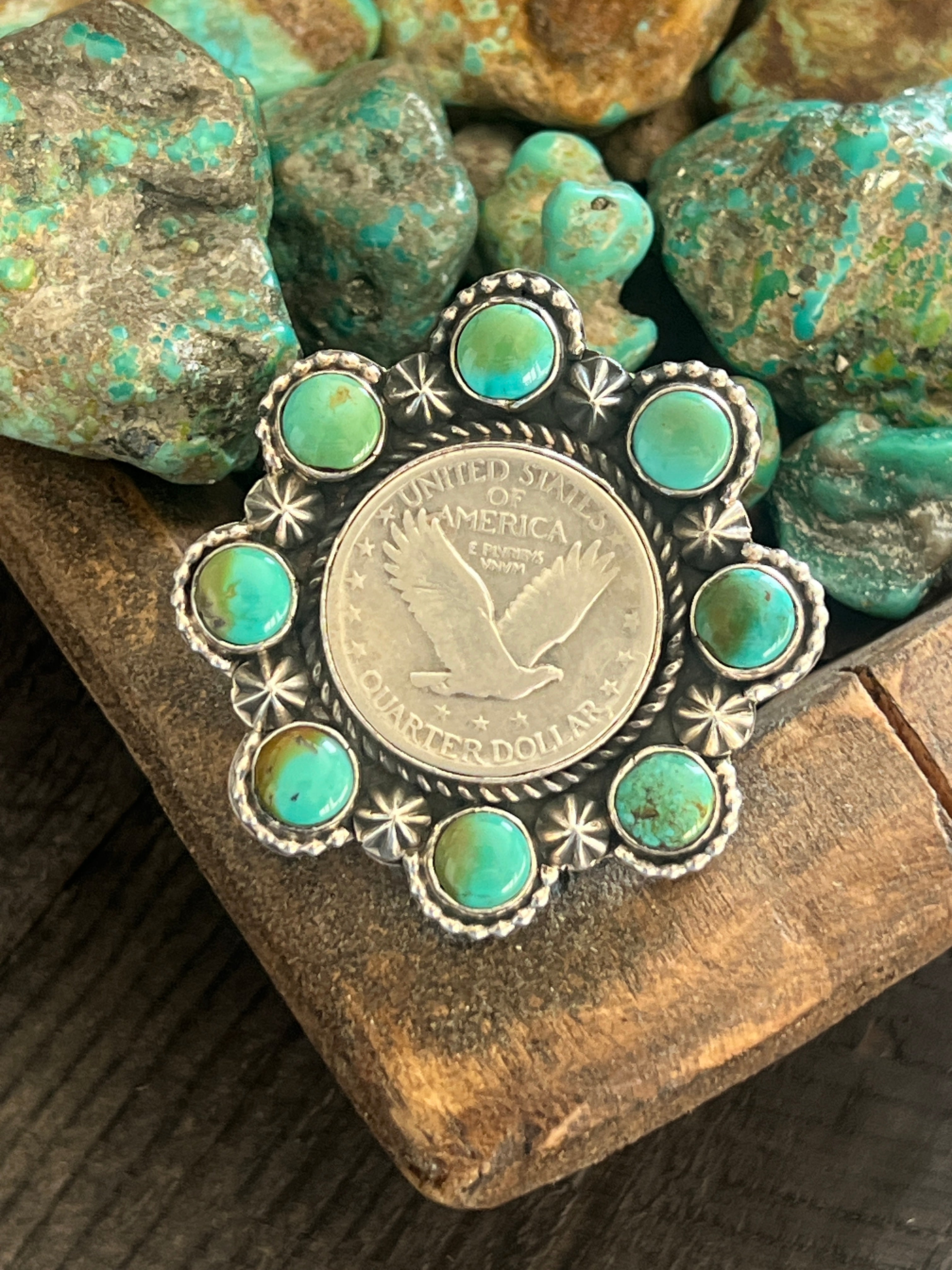 Handcrafted Sterling Silver, Barber Quarter and Hubei Turquoise Cluster Ring by Rosella Paxson, Size 8