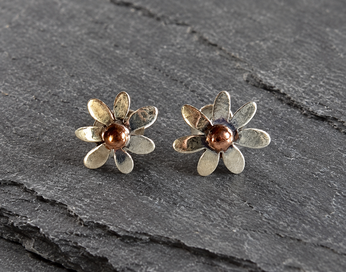 Sterling Silver Daisy Studs Post with Copper Center Earrings