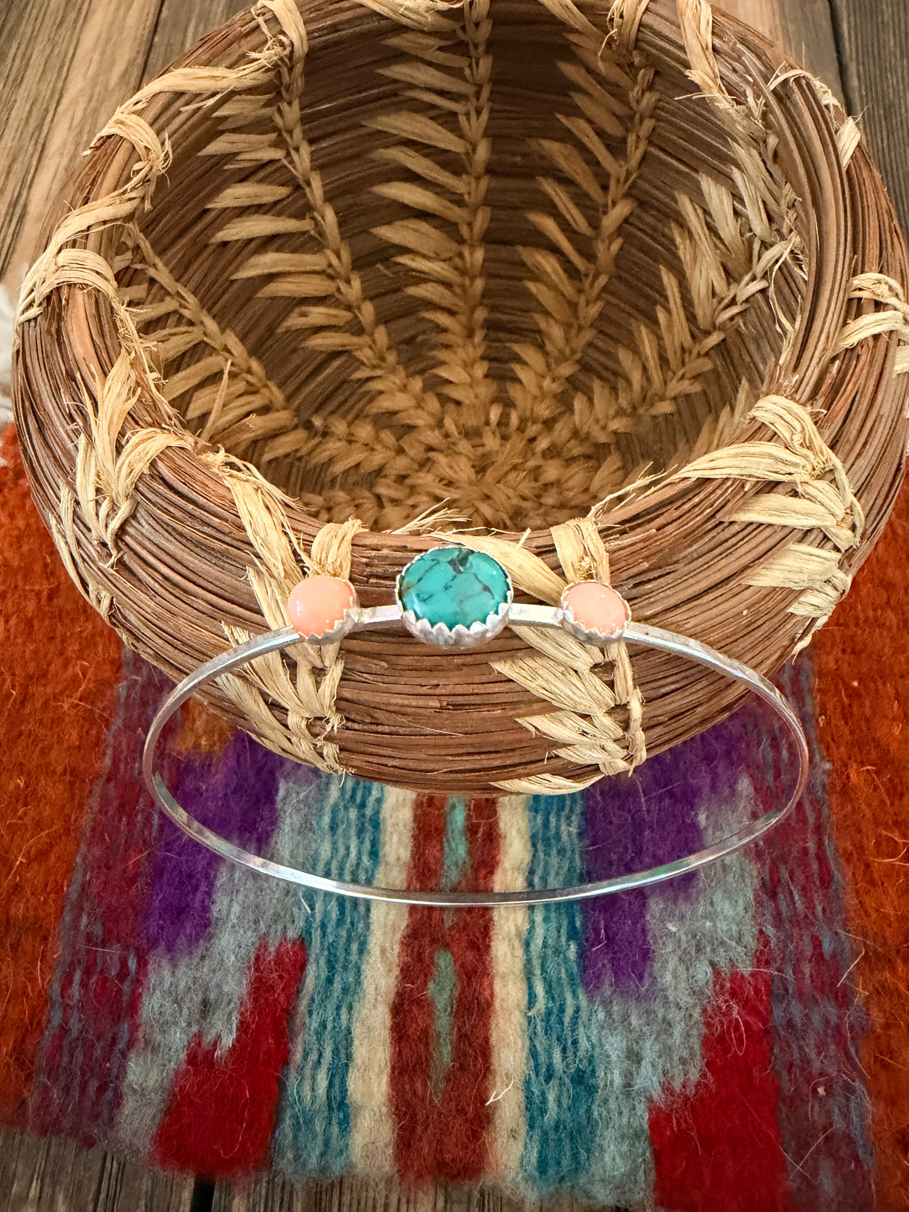 Handmade Queen Pink Conch, Turquoise & Sterling Silver Bangle Bracelet