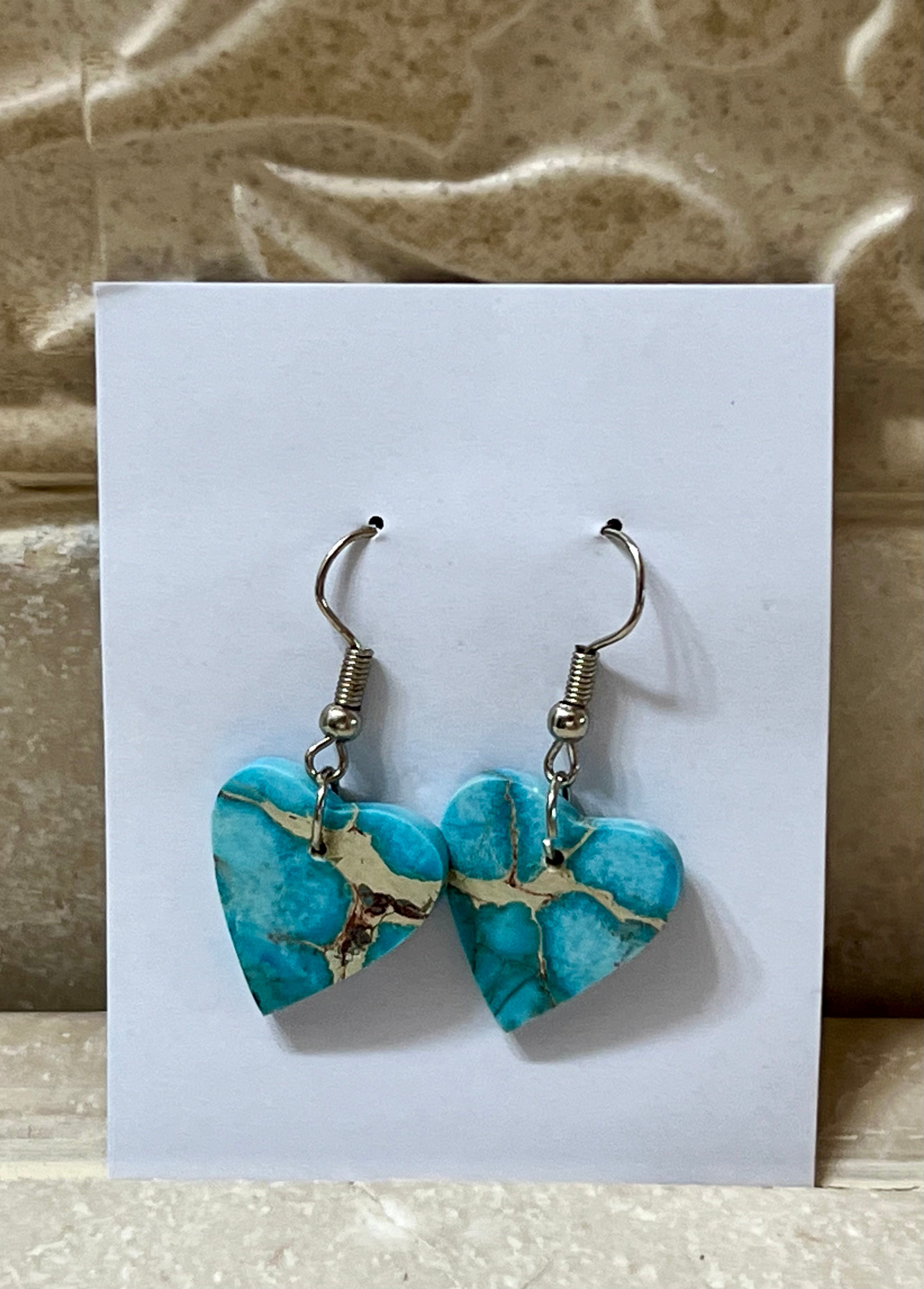 Handcrafted Blue Indigo Turquoise & Sterling Silver Heart Slab Earrings