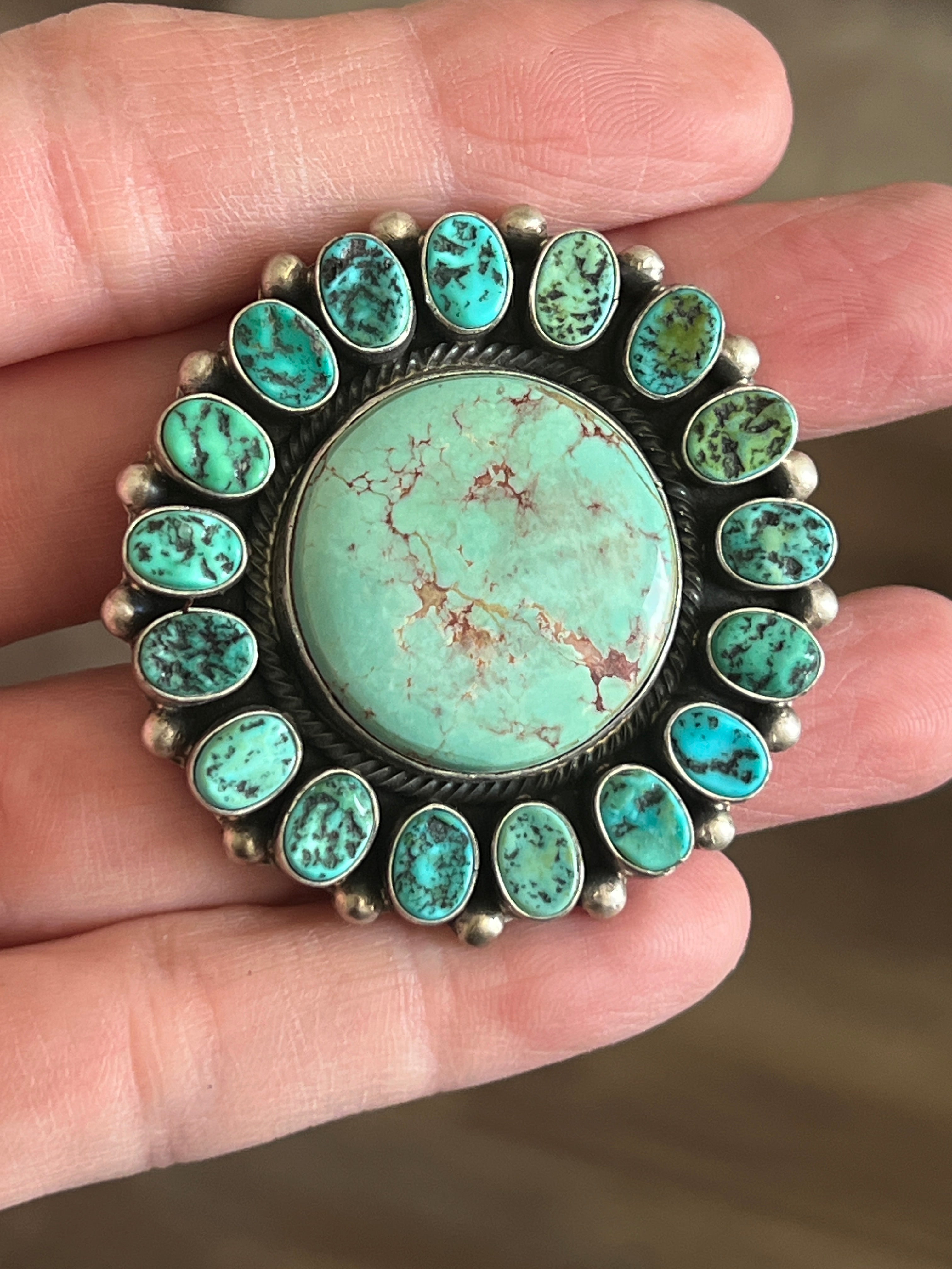 Handcrafted Sterling Silver Around The World Kingman Cluster Ring by Blaine Yellowhorse, Size 7.5