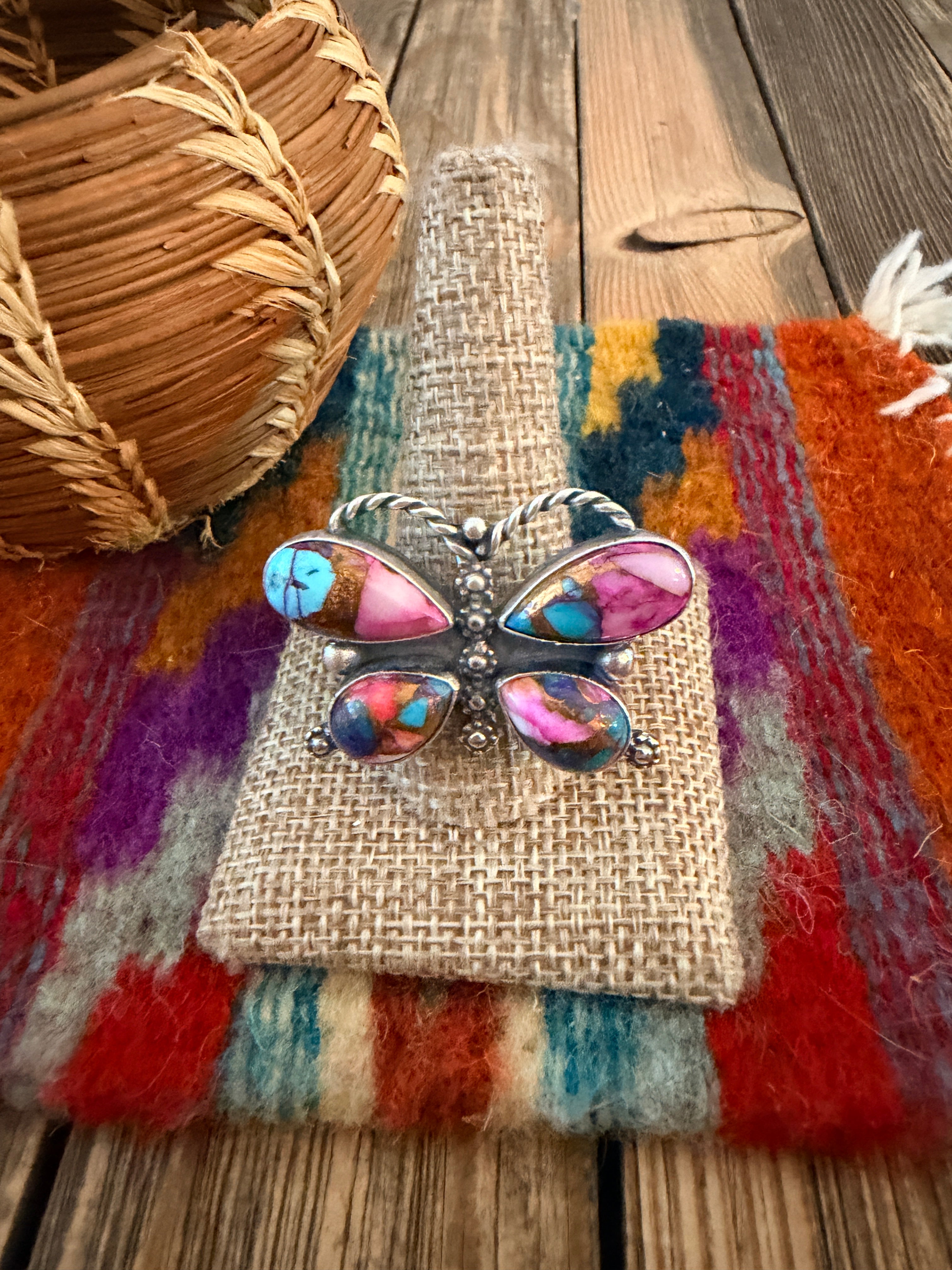 Handcrafted Pink Dream Mojave & Sterling Silver Adjustable Butterfly Ring
