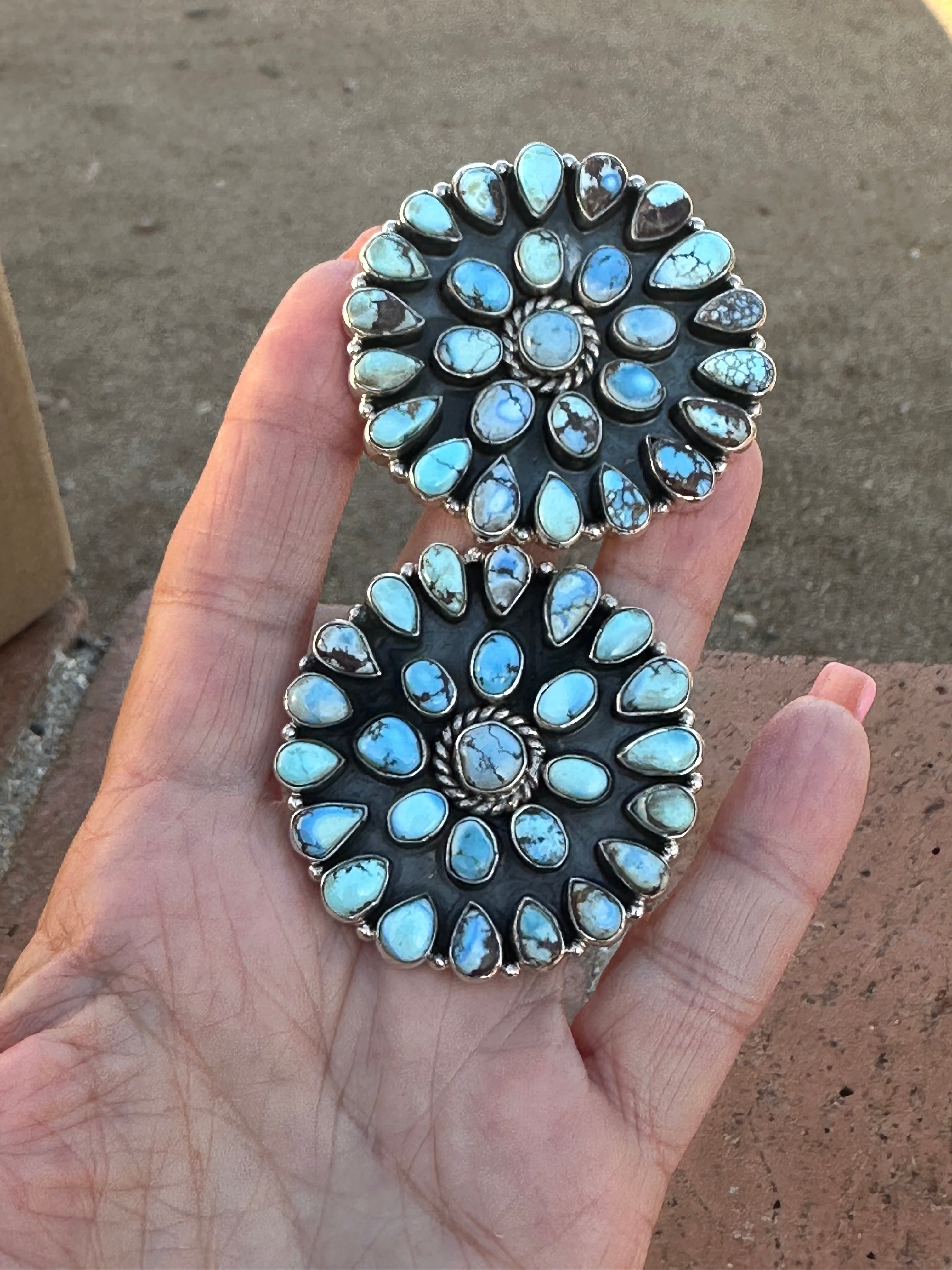 Handmade Golden Hills Turquoise & Sterling Silver Cluster Post Earrings 2”