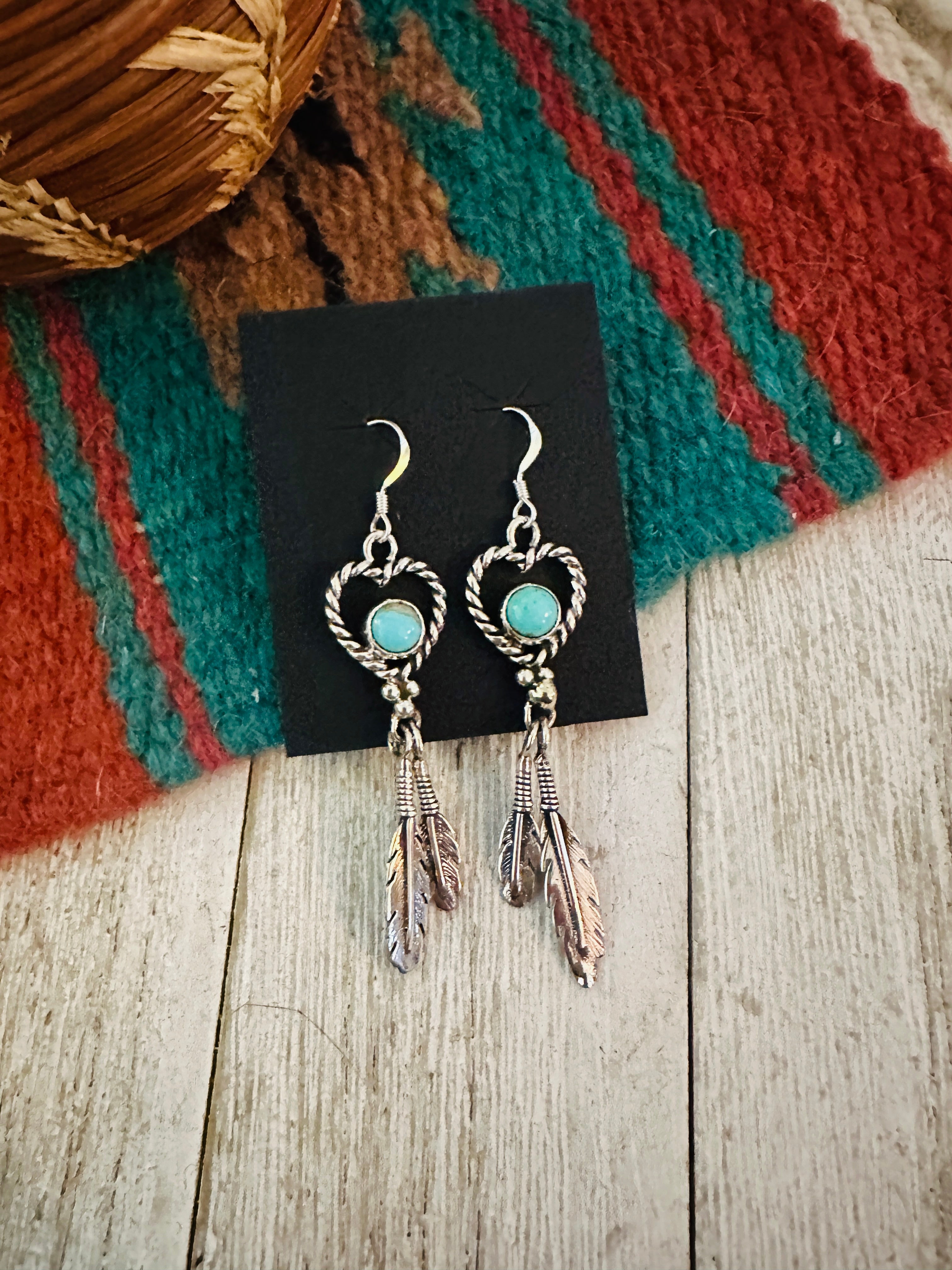 Handcrafted Turquoise & Sterling Silver Heart Feather Dangle Earrings