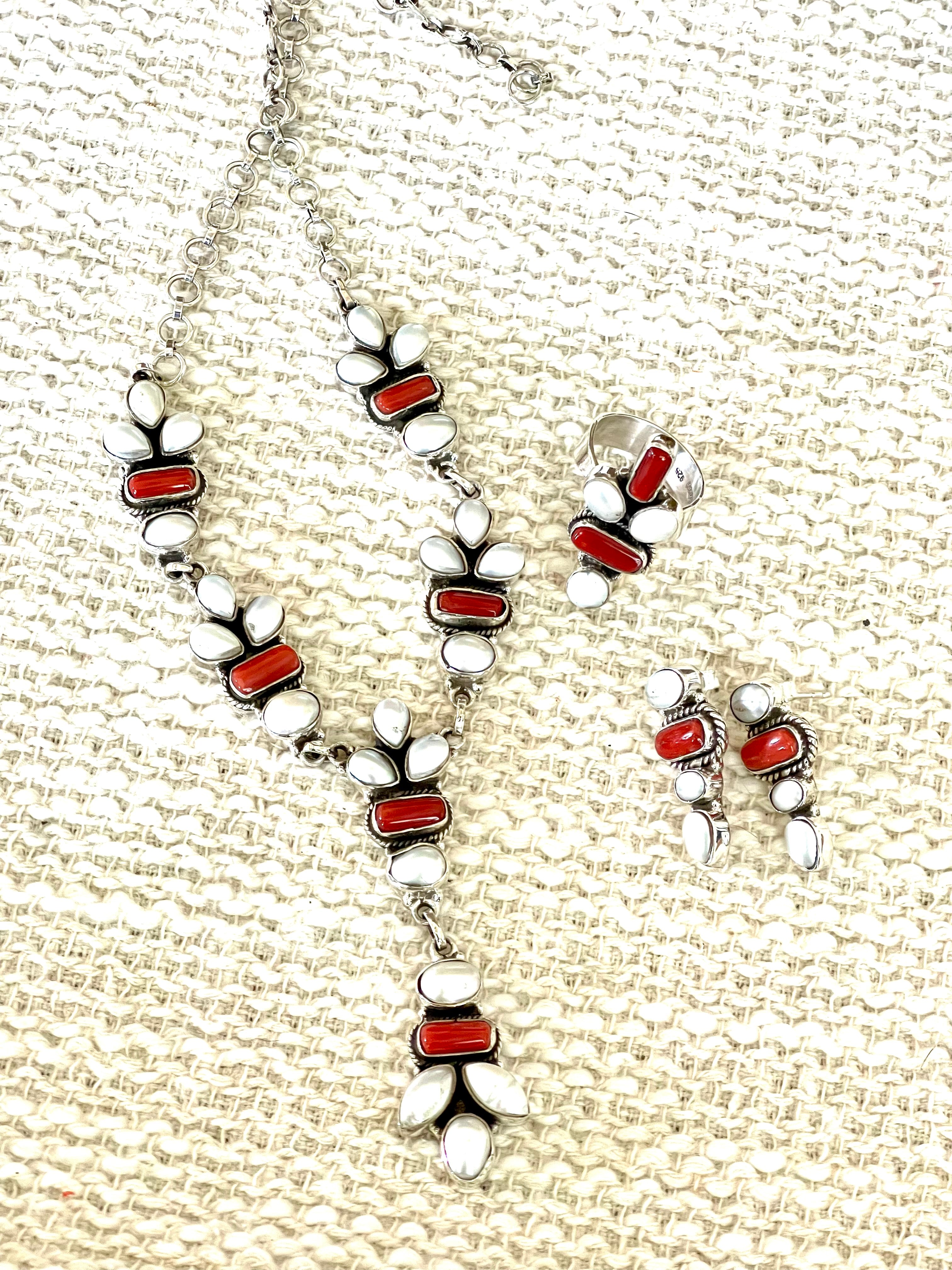 ** 4TH OF JULY ** Handmade Sterling , Silver Synthetic Opal & Coral Necklace, Earring & Ring Set with Signed Nizhoni