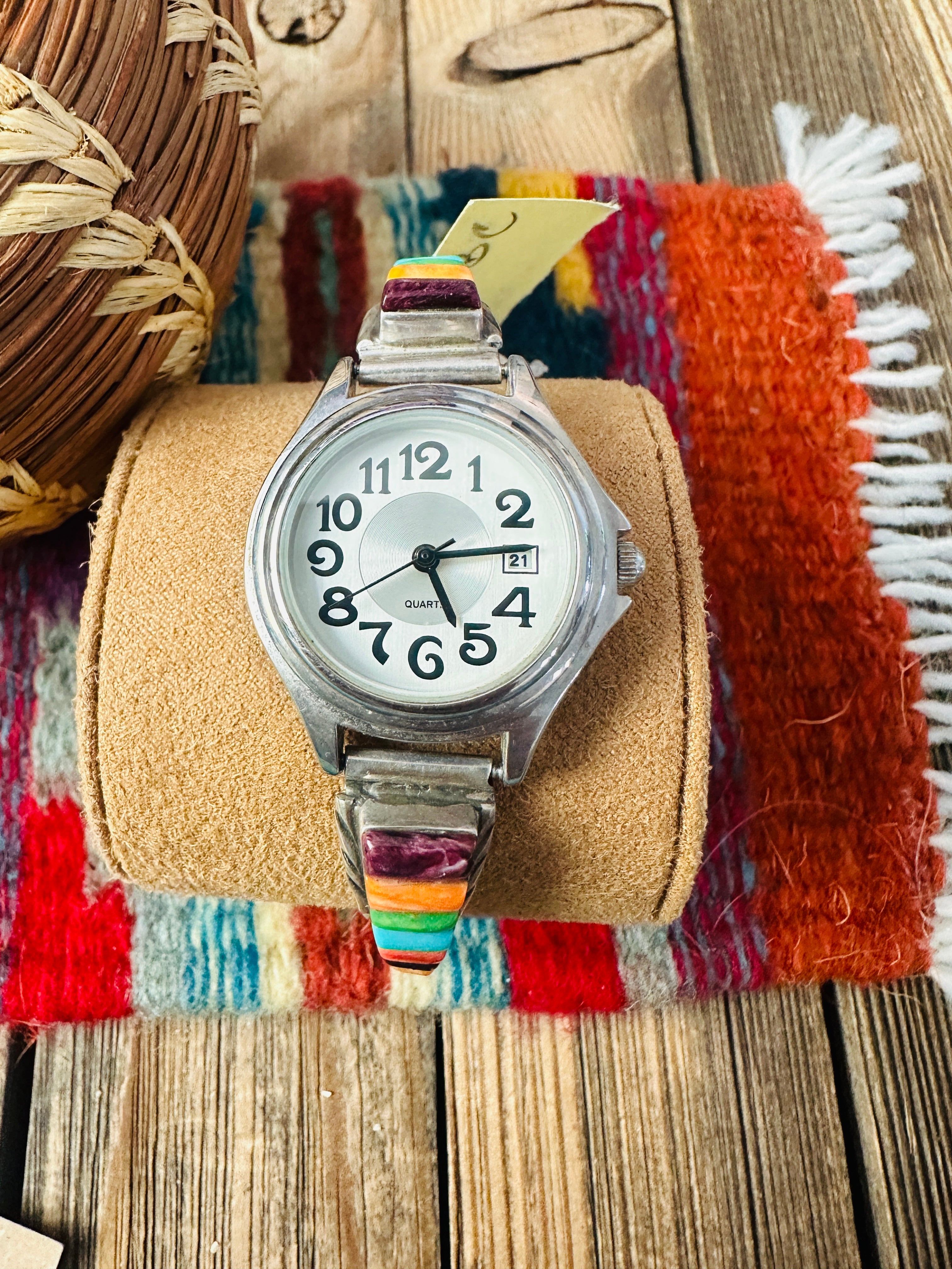 Handcrafted Old Pawn Multi Stone & Sterling Silver Inlay Watch